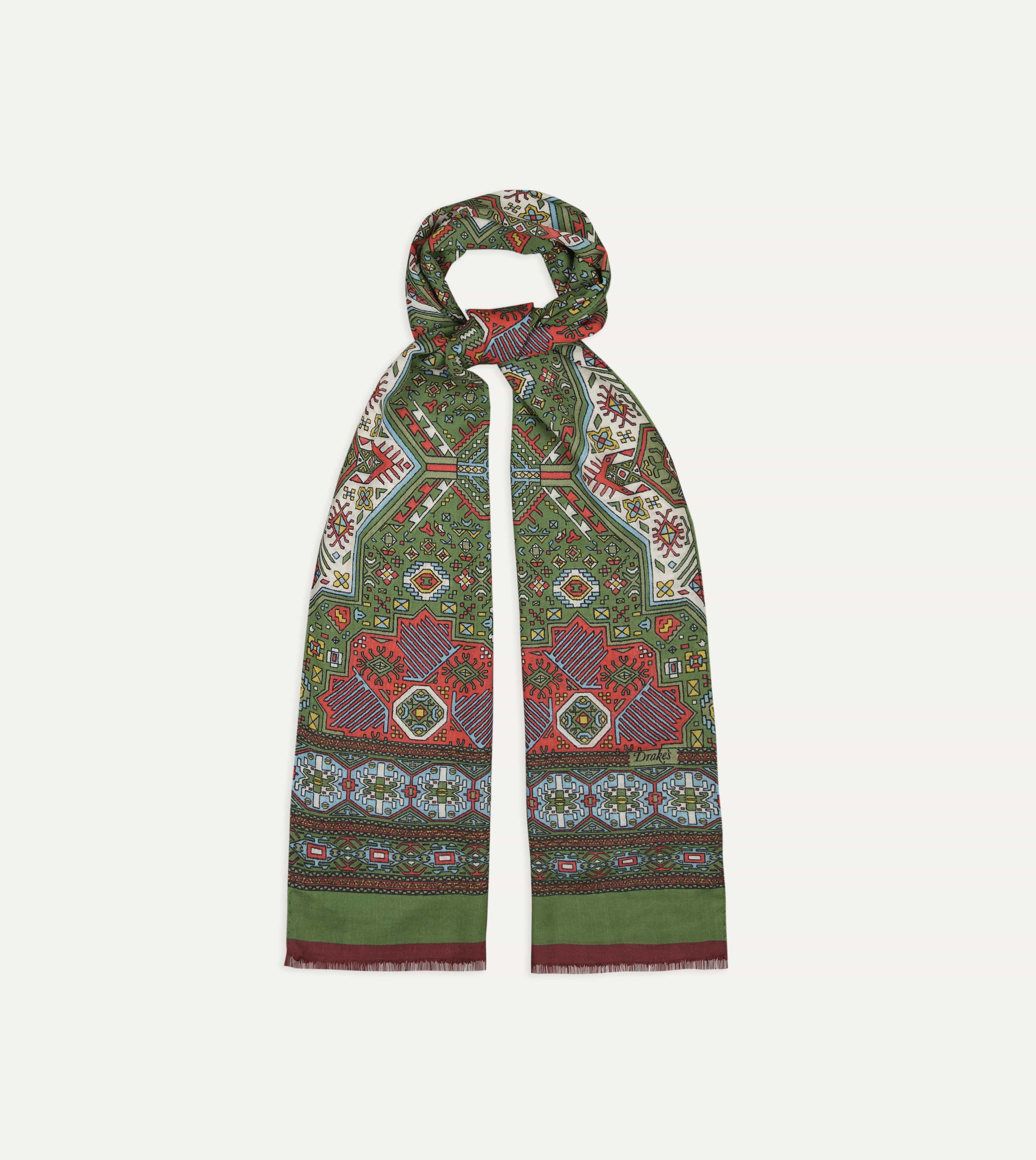 Green and Red Kelim Print Wool Silk Scarf