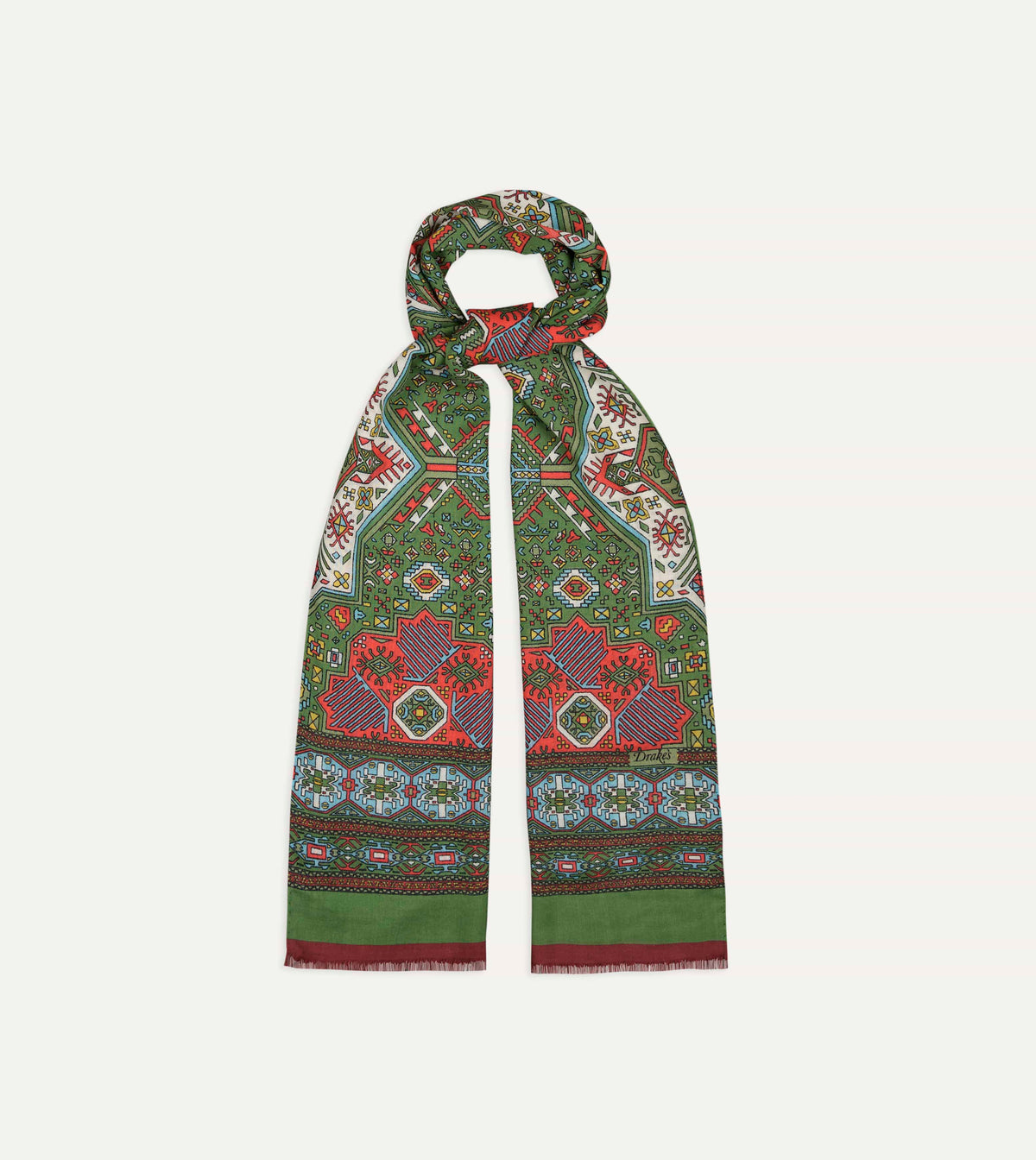 Green and Red Kelim Print Wool Silk Scarf