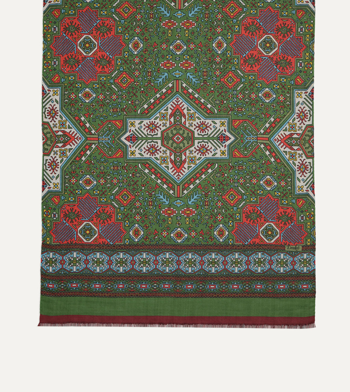 Green and Red Kelim Print Wool Silk Scarf