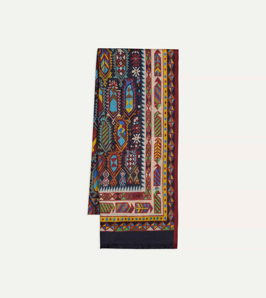 Purple and Navy Woven Print Wool Silk Scarf