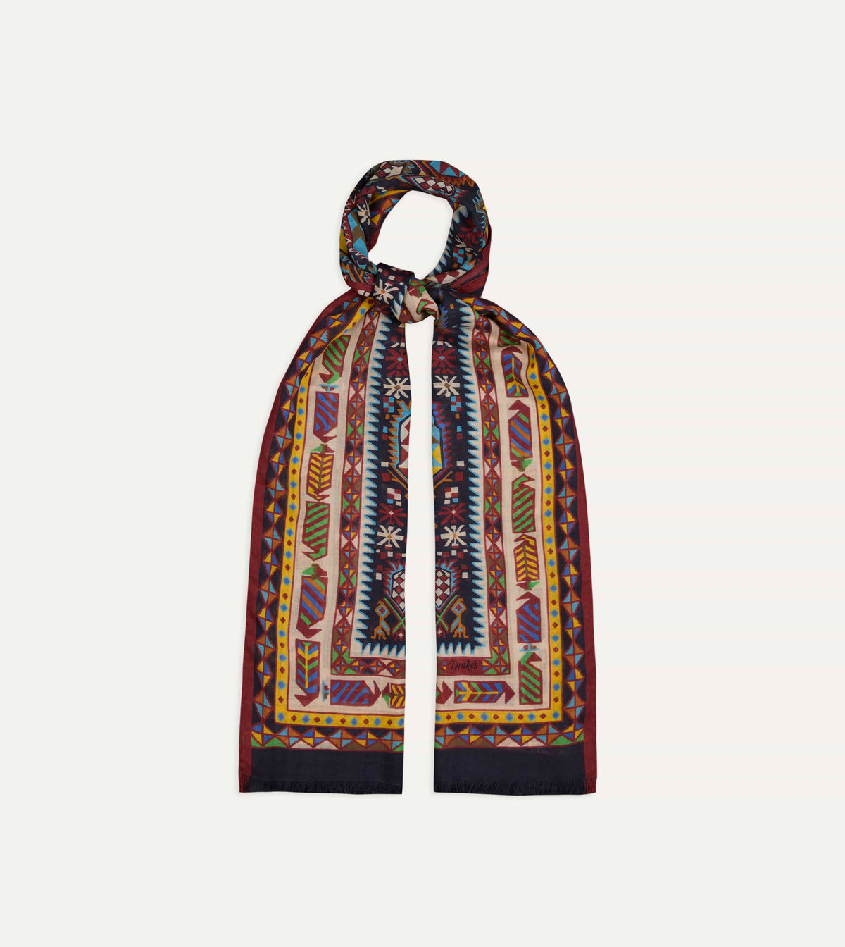Purple and Navy Woven Print Wool Silk Scarf