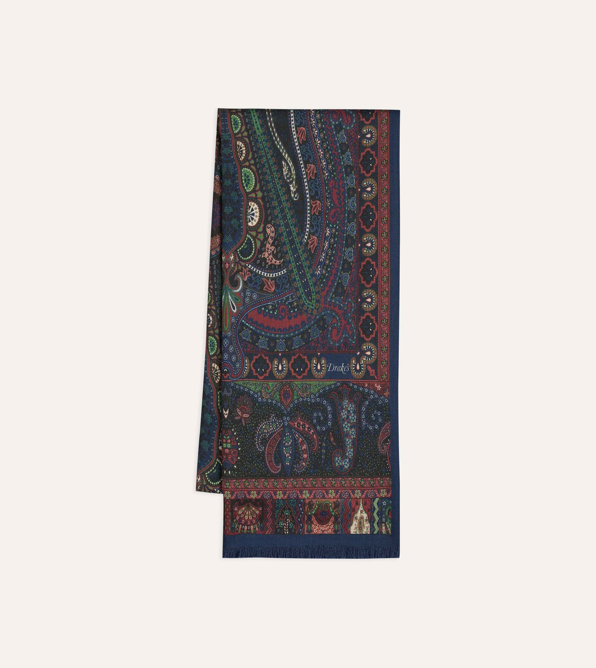 Navy and Green Large Paisley Print Tubular Wool-Silk Scarf