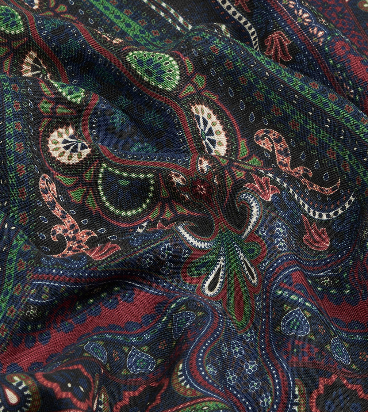 Navy and Green Large Paisley Print Tubular Wool-Silk Scarf