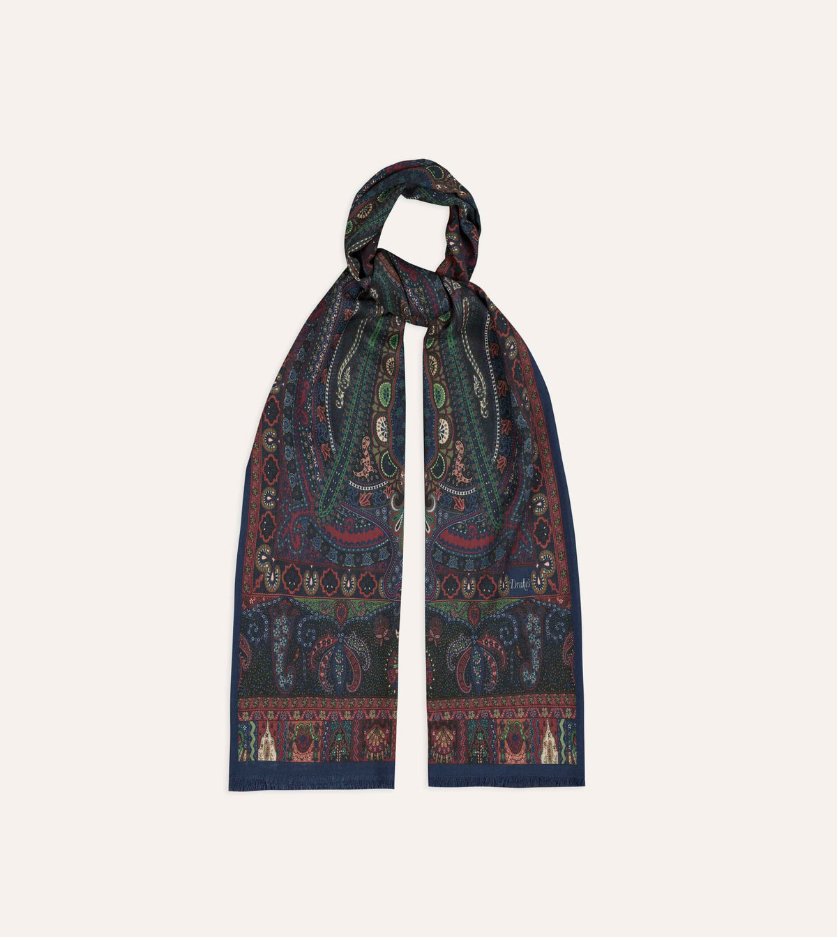 Navy and Green Large Paisley Print Tubular Wool-Silk Scarf