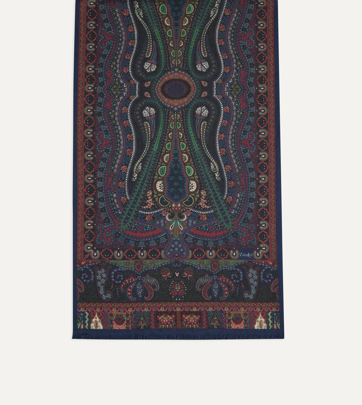Navy and Green Large Paisley Print Tubular Wool-Silk Scarf