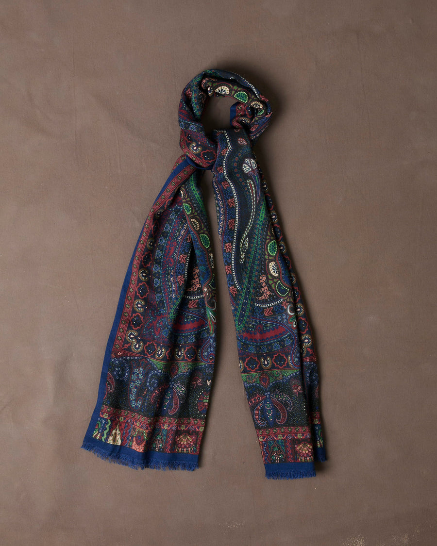 Navy and Green Large Paisley Print Tubular Wool-Silk Scarf