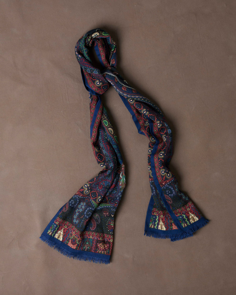 Navy and Green Large Paisley Print Tubular Wool-Silk Scarf