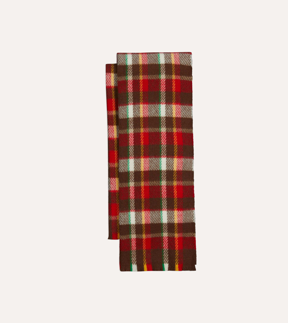 Red, Brown and Ecru Tartan Check Wool Scarf