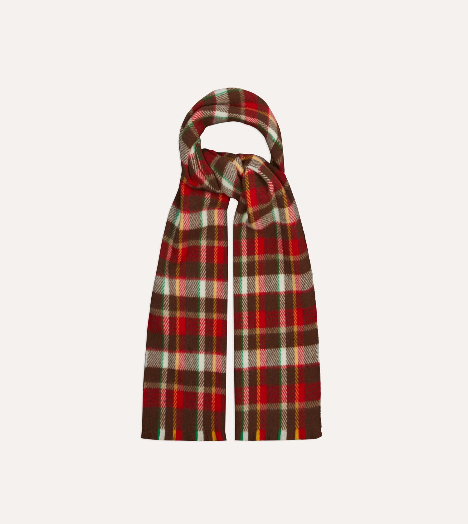 Red, Brown and Ecru Tartan Check Wool Scarf