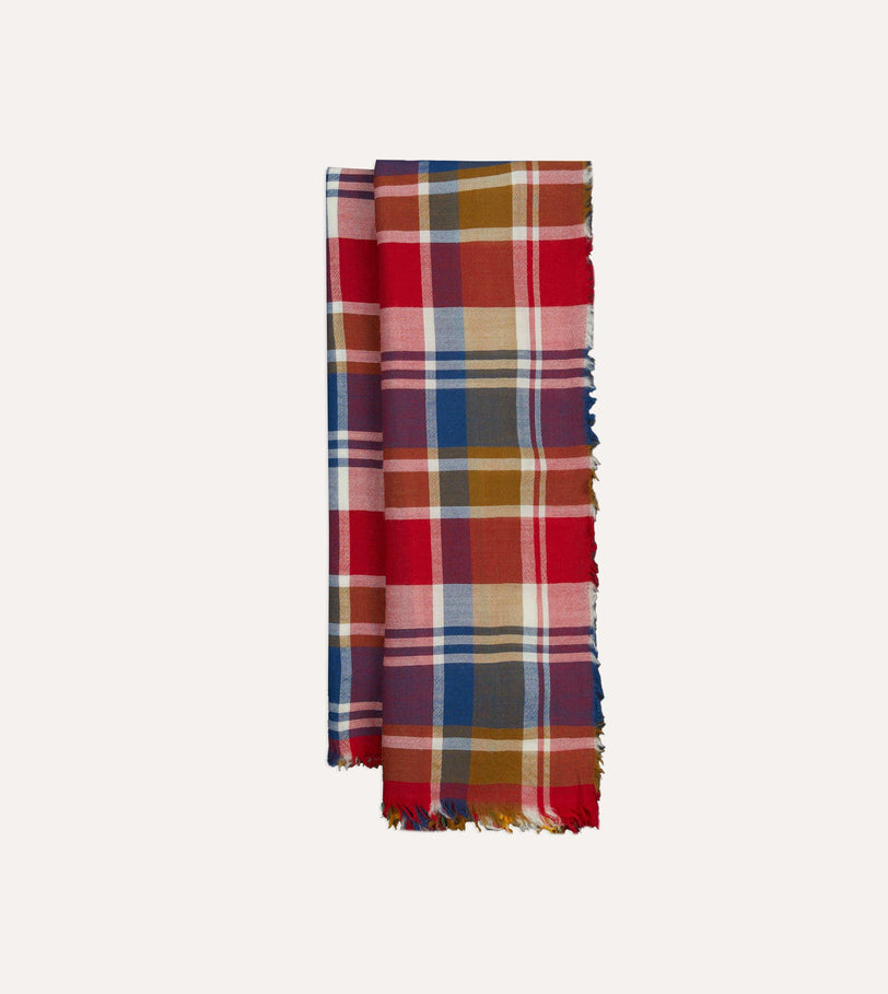 Red, Blue and Yellow Tartan Check Worsted Wool Scarf