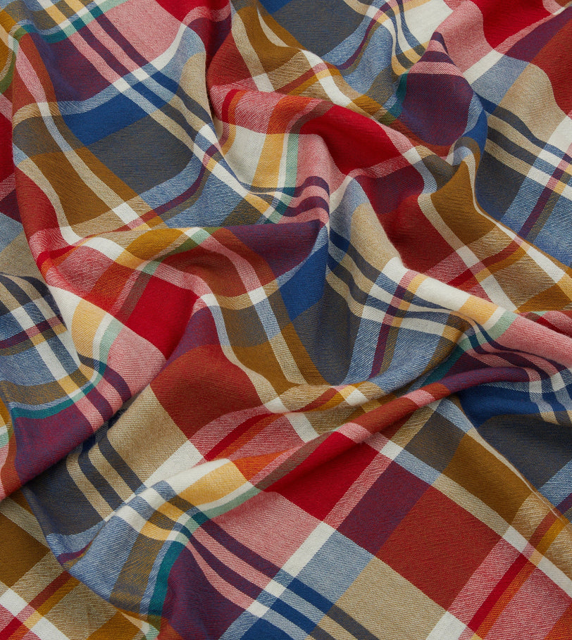 Red, Blue and Yellow Tartan Check Worsted Wool Scarf
