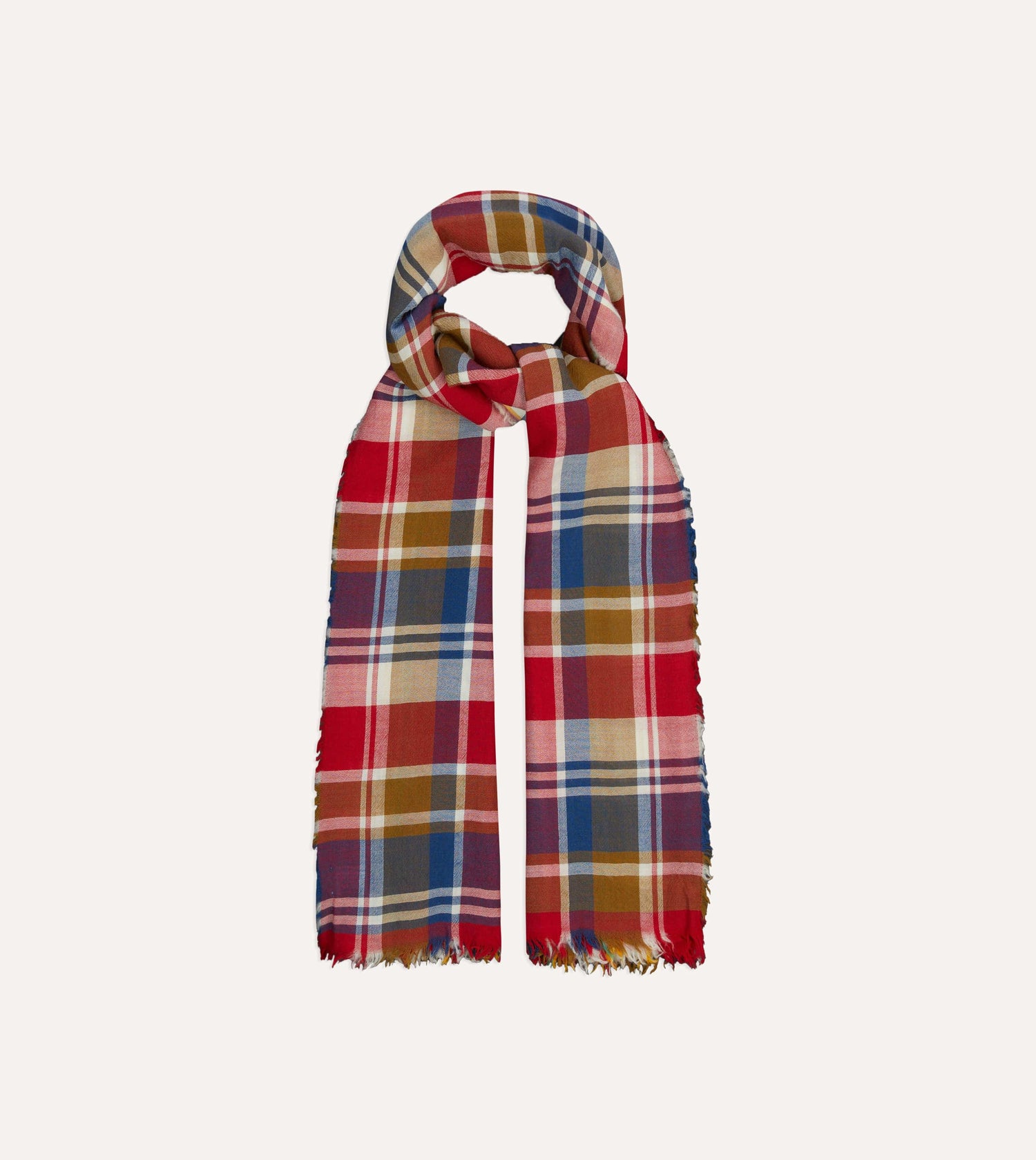 Red, Blue and Yellow Tartan Check Worsted Wool Scarf