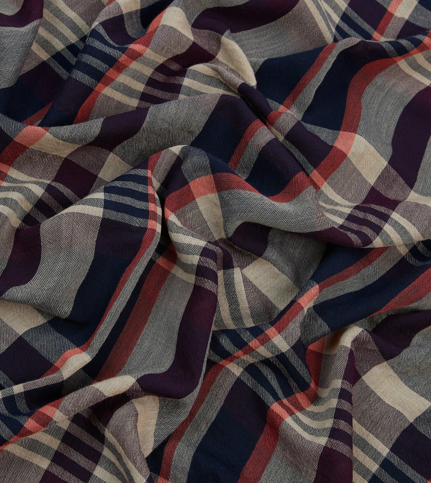 Navy, Red and Ecru Tartan Check Worsted Wool Scarf