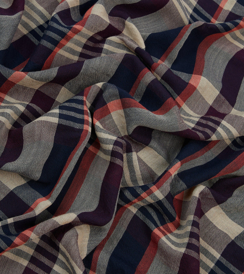 Navy, Red and Ecru Tartan Check Worsted Wool Scarf