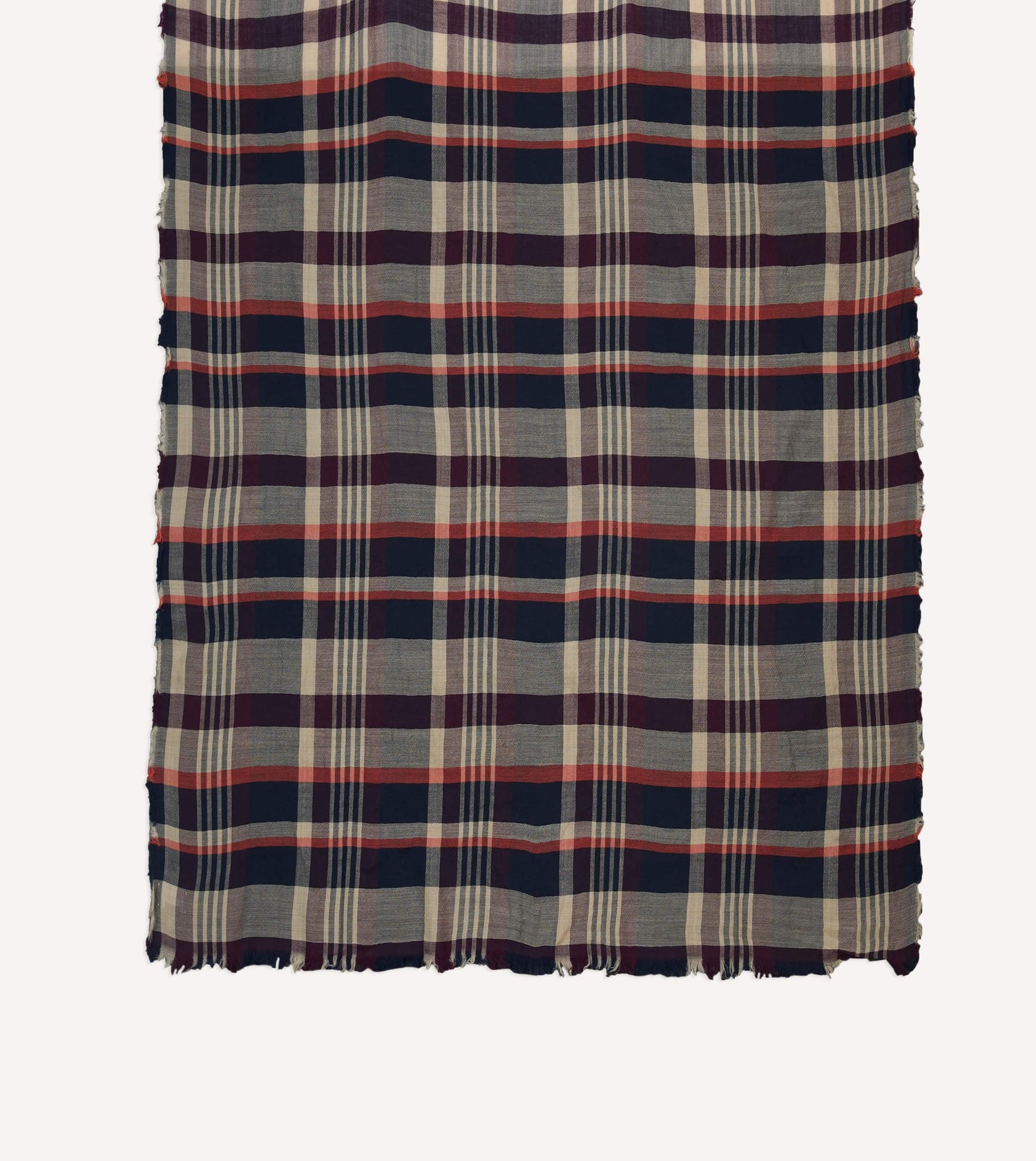 Navy, Red and Ecru Tartan Check Worsted Wool Scarf