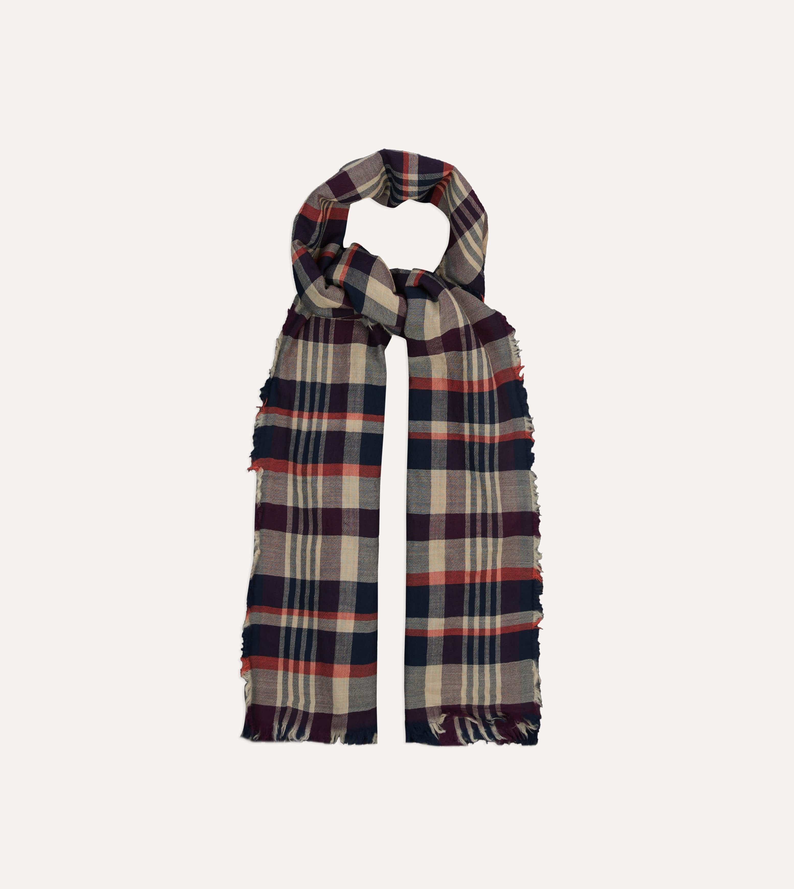 Navy, Red and Ecru Tartan Check Worsted Wool Scarf