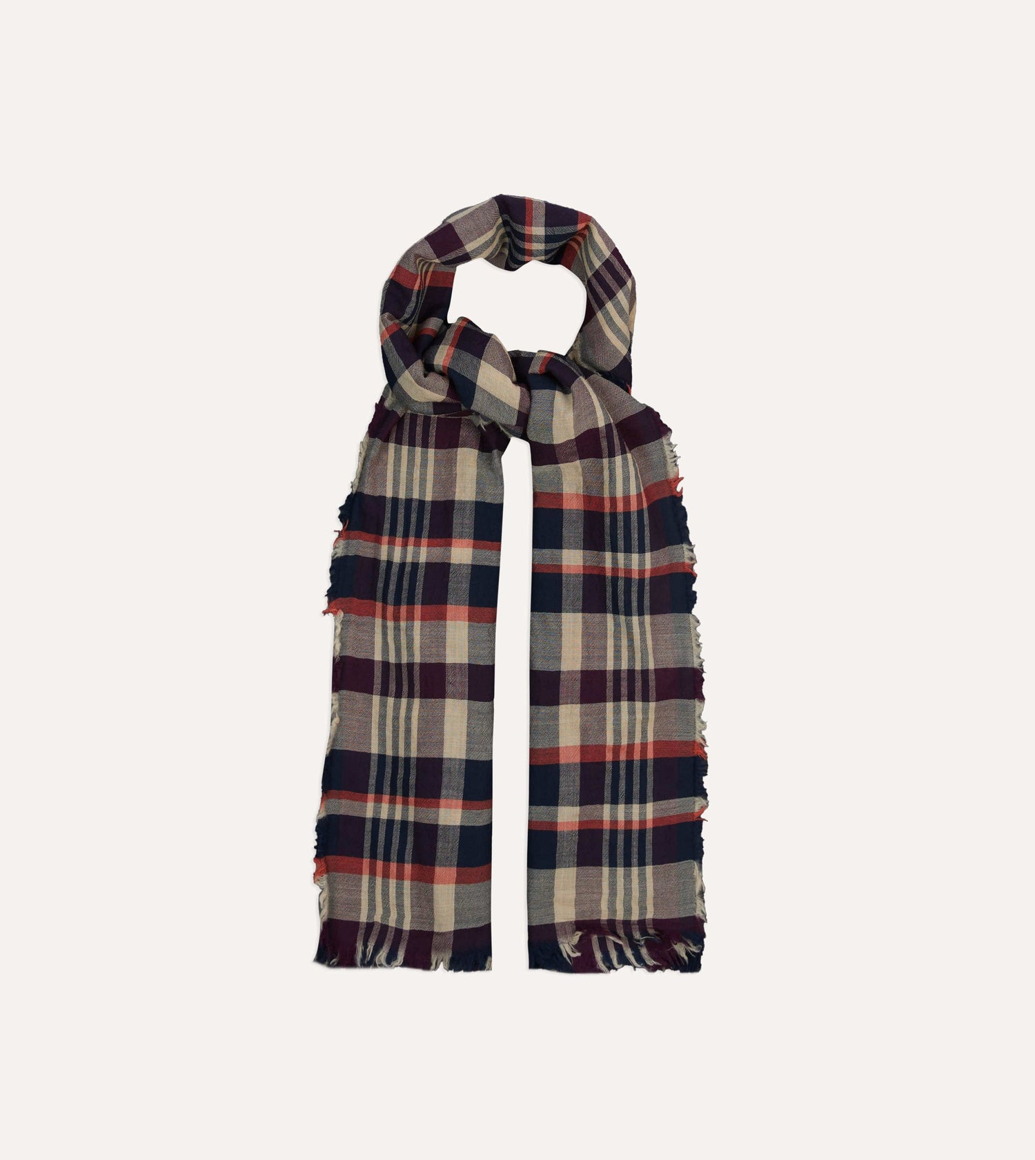 Navy, Red and Ecru Tartan Check Worsted Wool Scarf