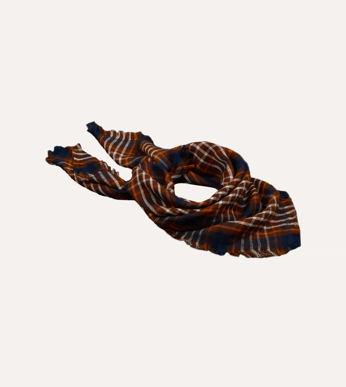 Navy and Orange Check Cashmere Square Scarf