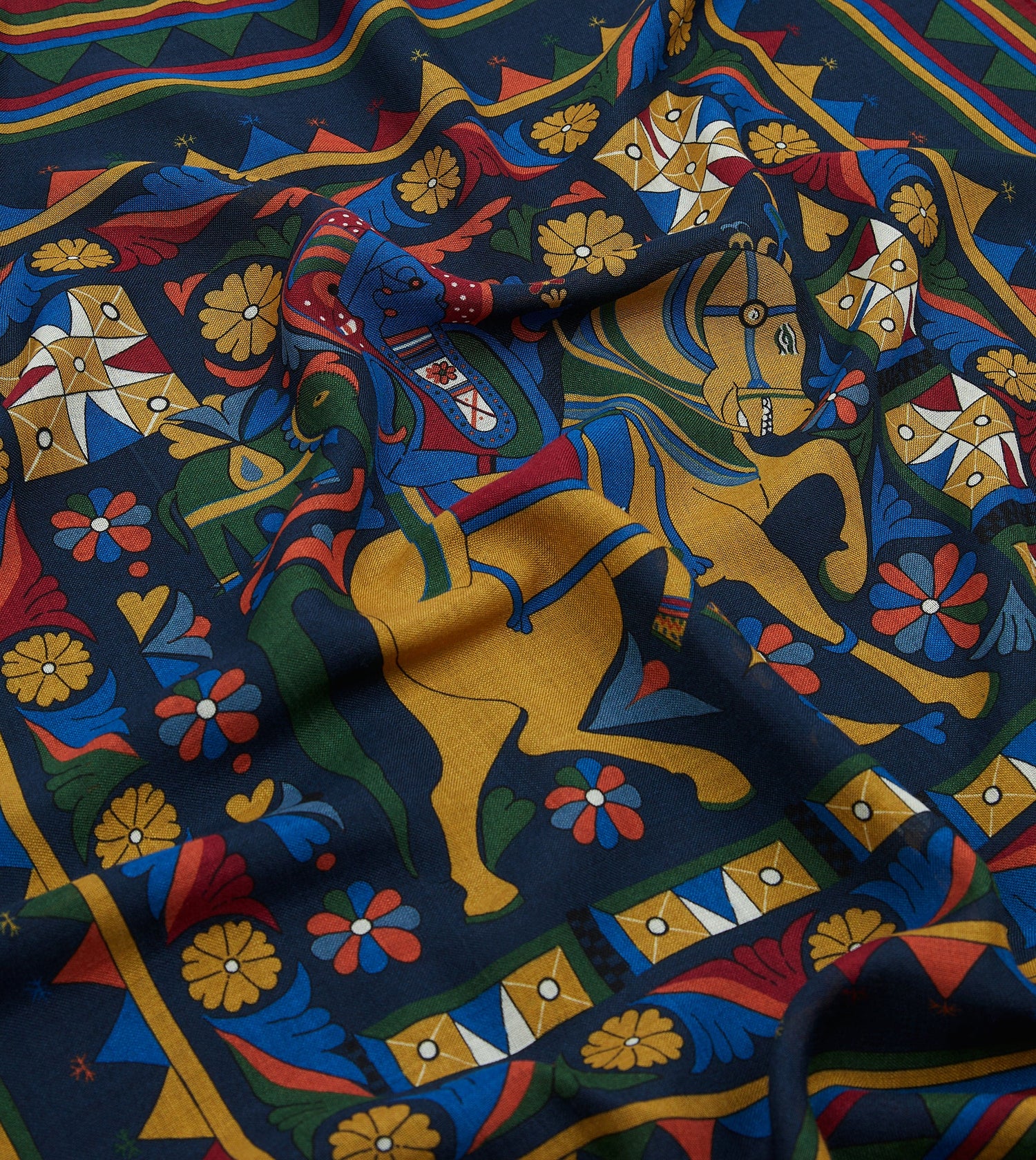 Navy Buddhist Rider Print Wool-Silk Bandana
