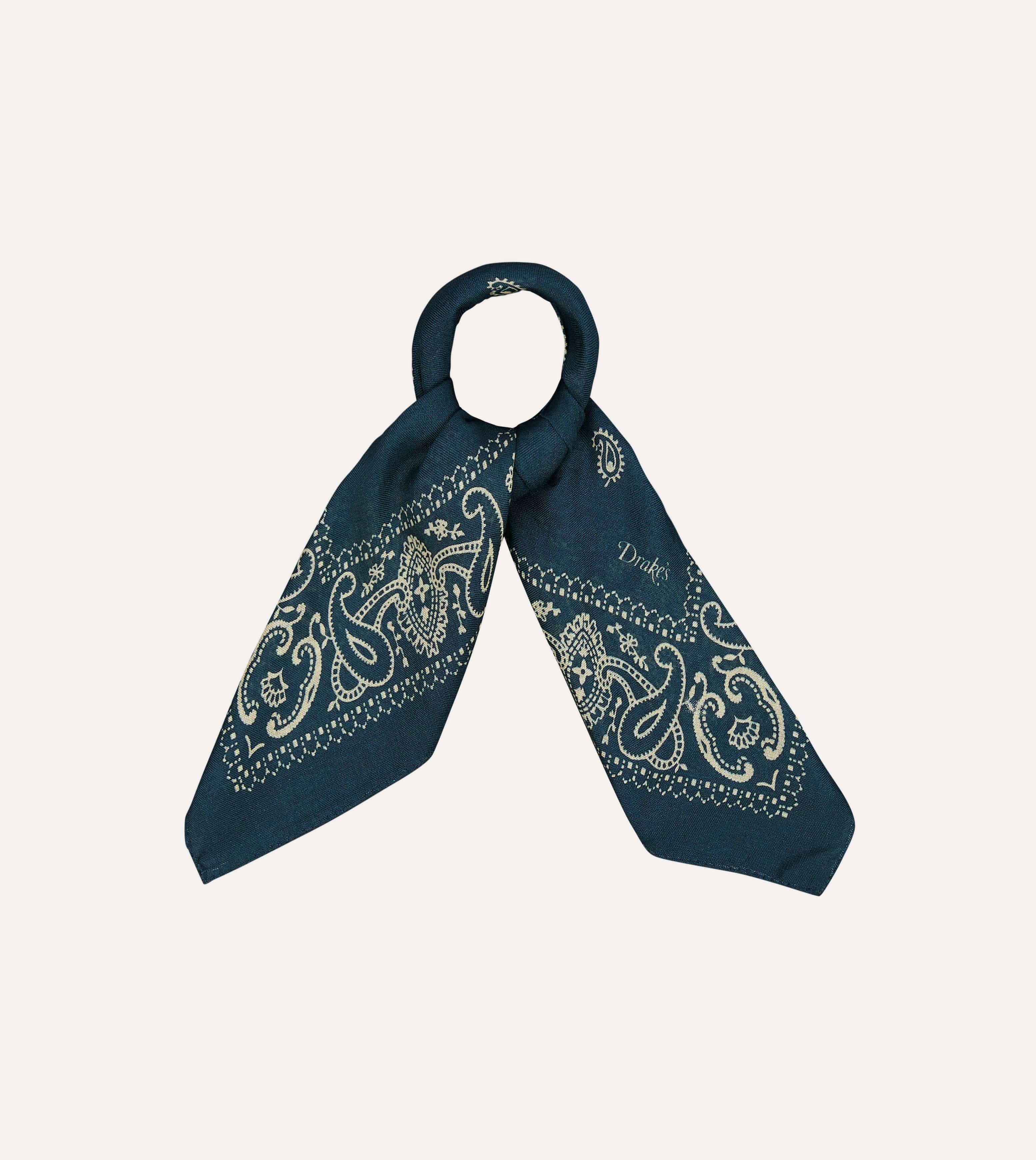 Navy Trad Paisley Print Wool-Silk Bandana