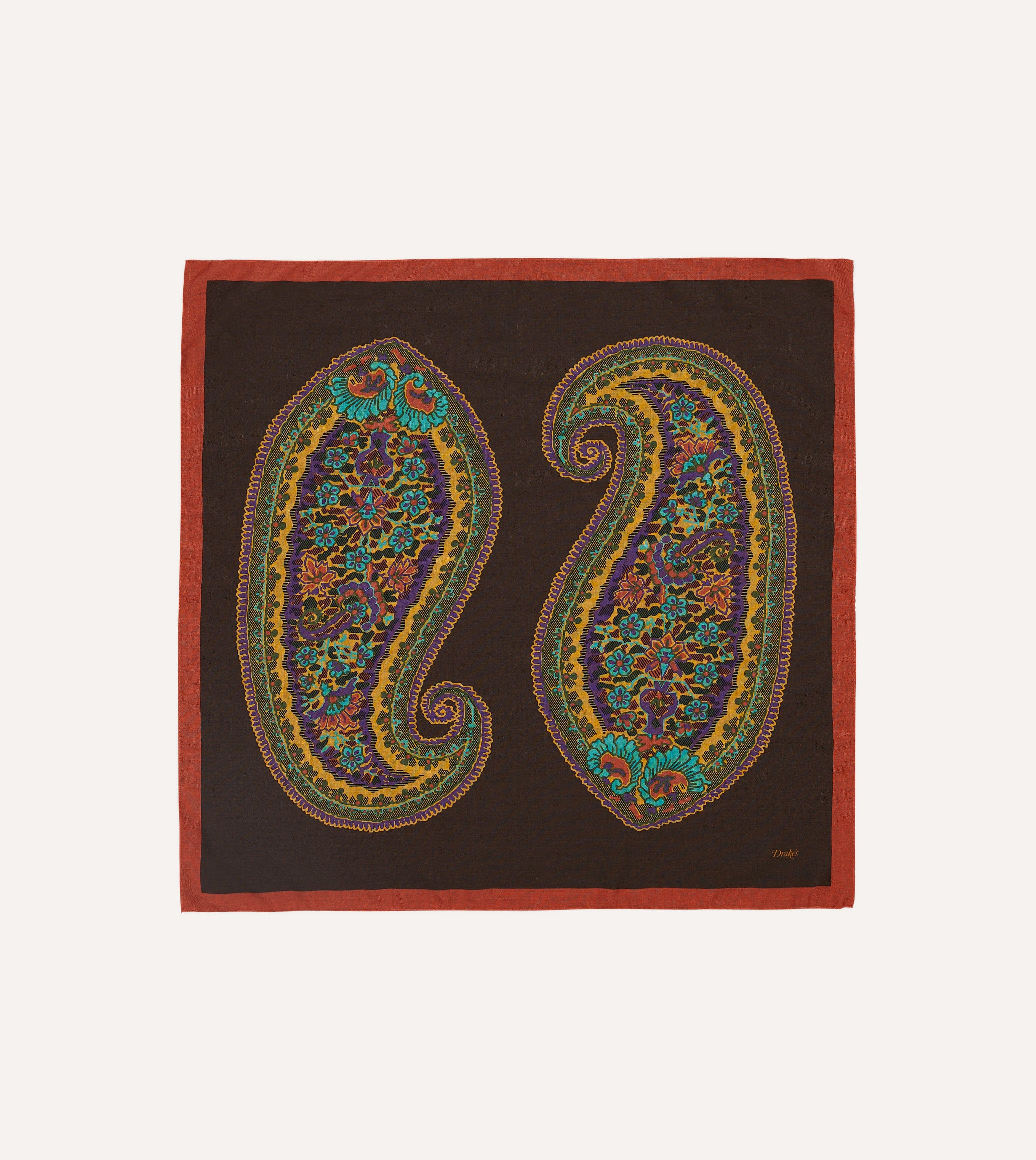 Brown Large Paisley Print Wool-Silk Bandana