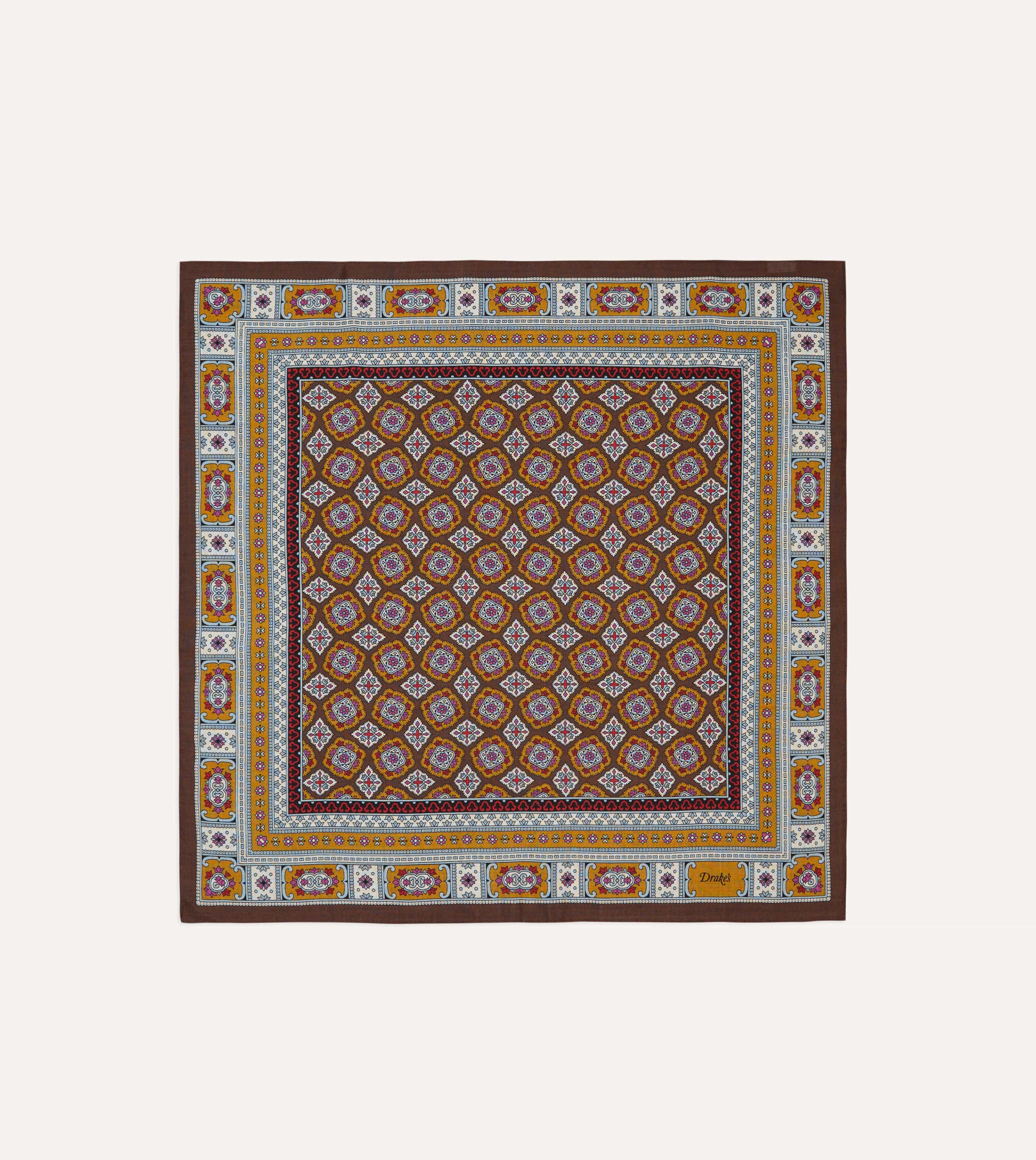 Brown, Blue and Gold Floral Medallion Print Wool-Silk Bandana