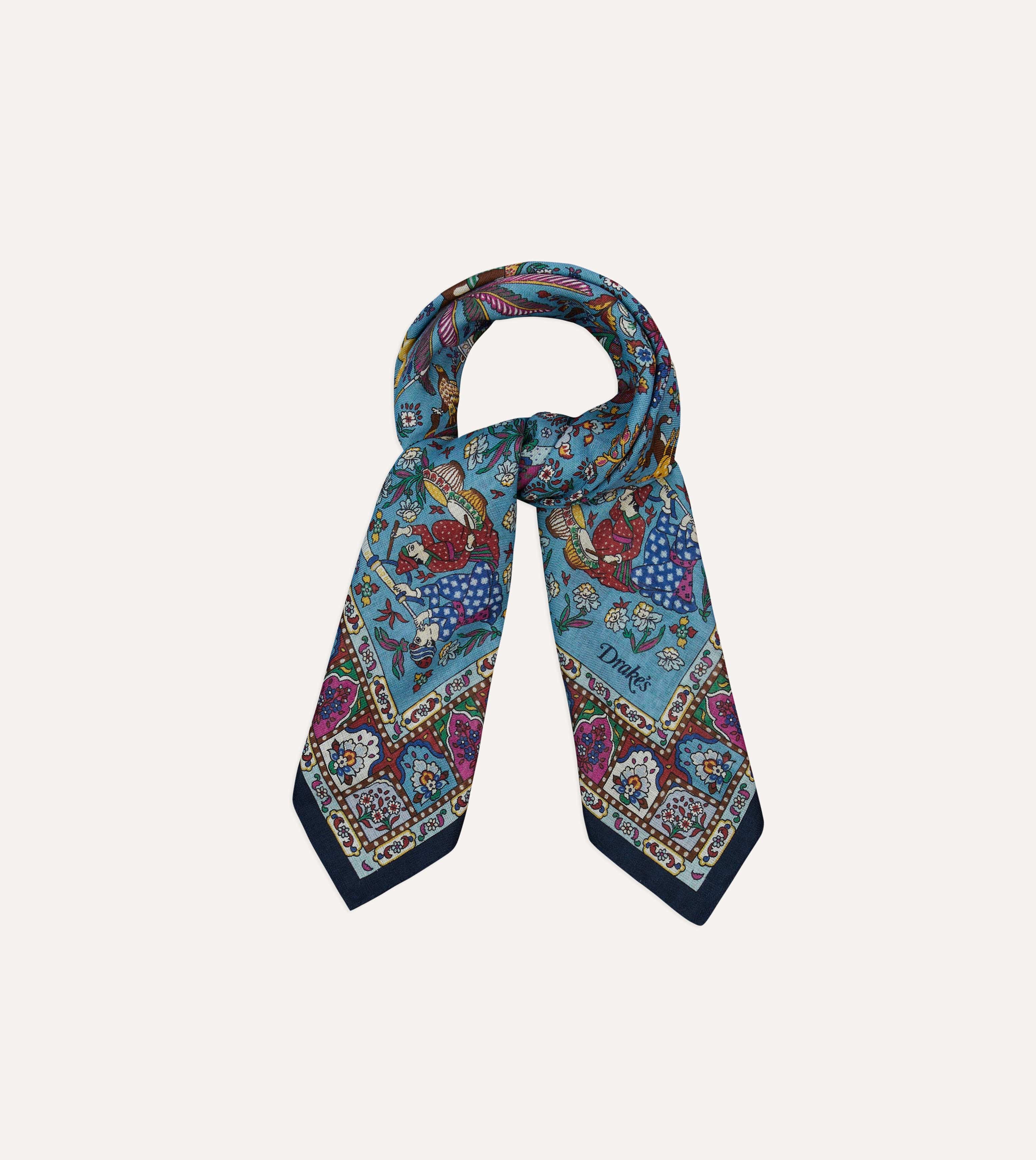 Navy Floral Mughal Print Wool-Silk Bandana