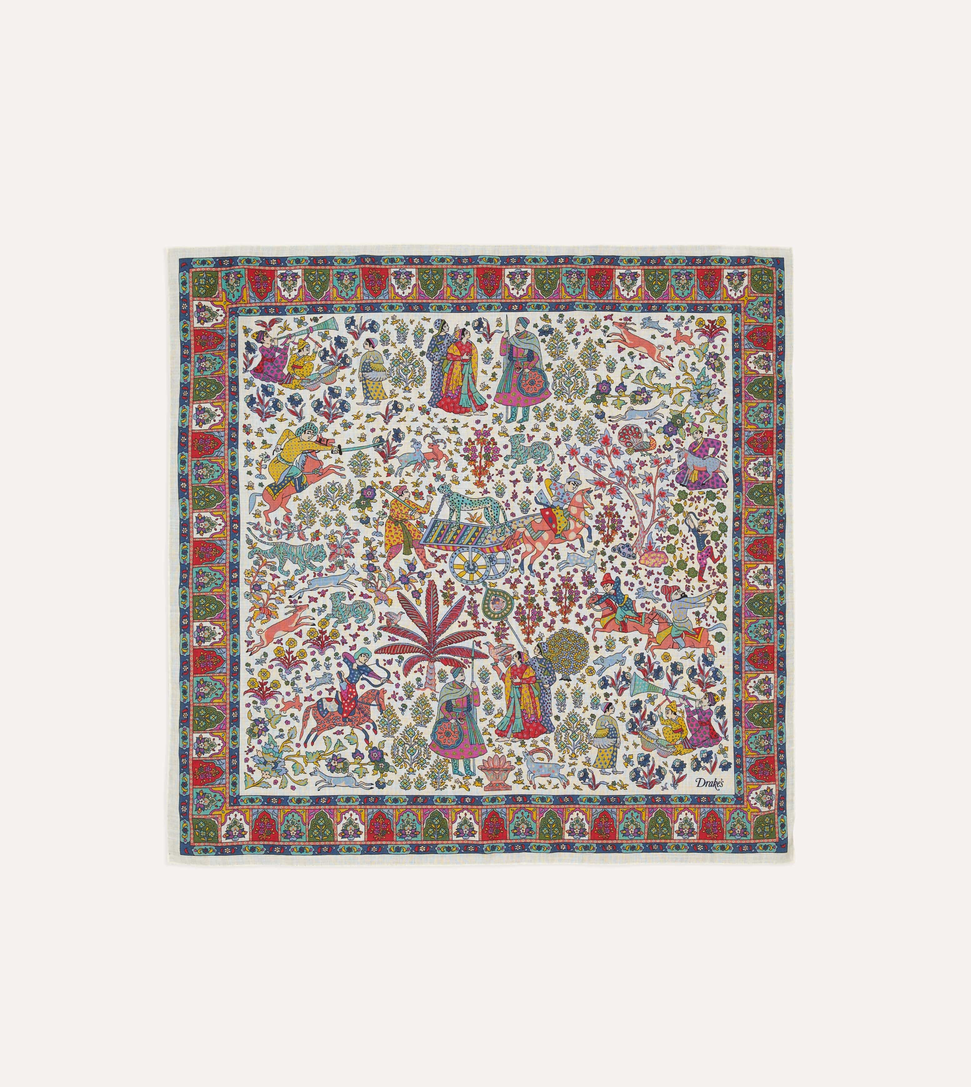 Ecru Floral Mughal Print Wool-Silk Bandana