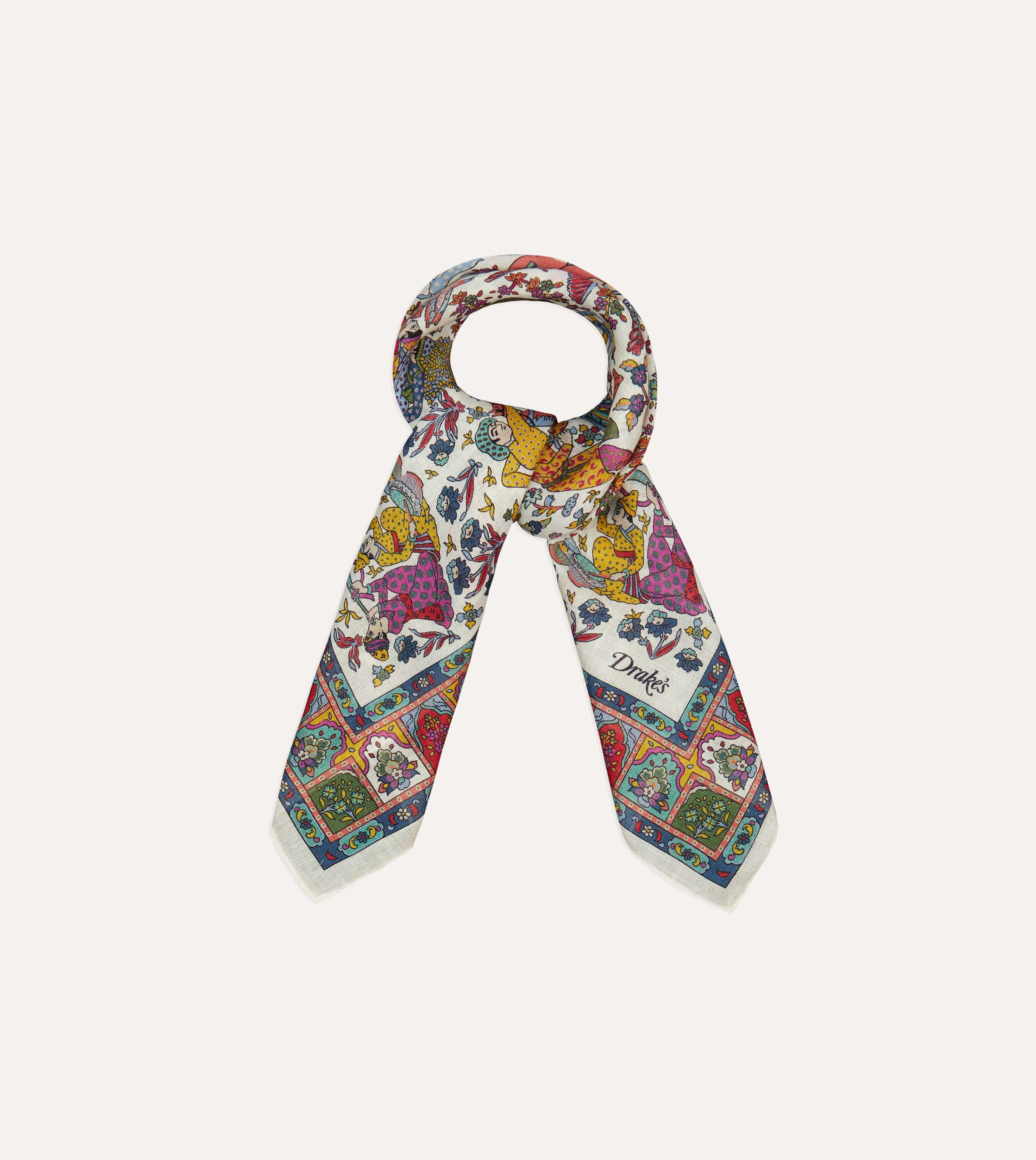 Ecru Floral Mughal Print Wool-Silk Bandana