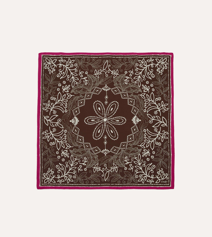 Brown Floral Paisley Print Silk Bandana