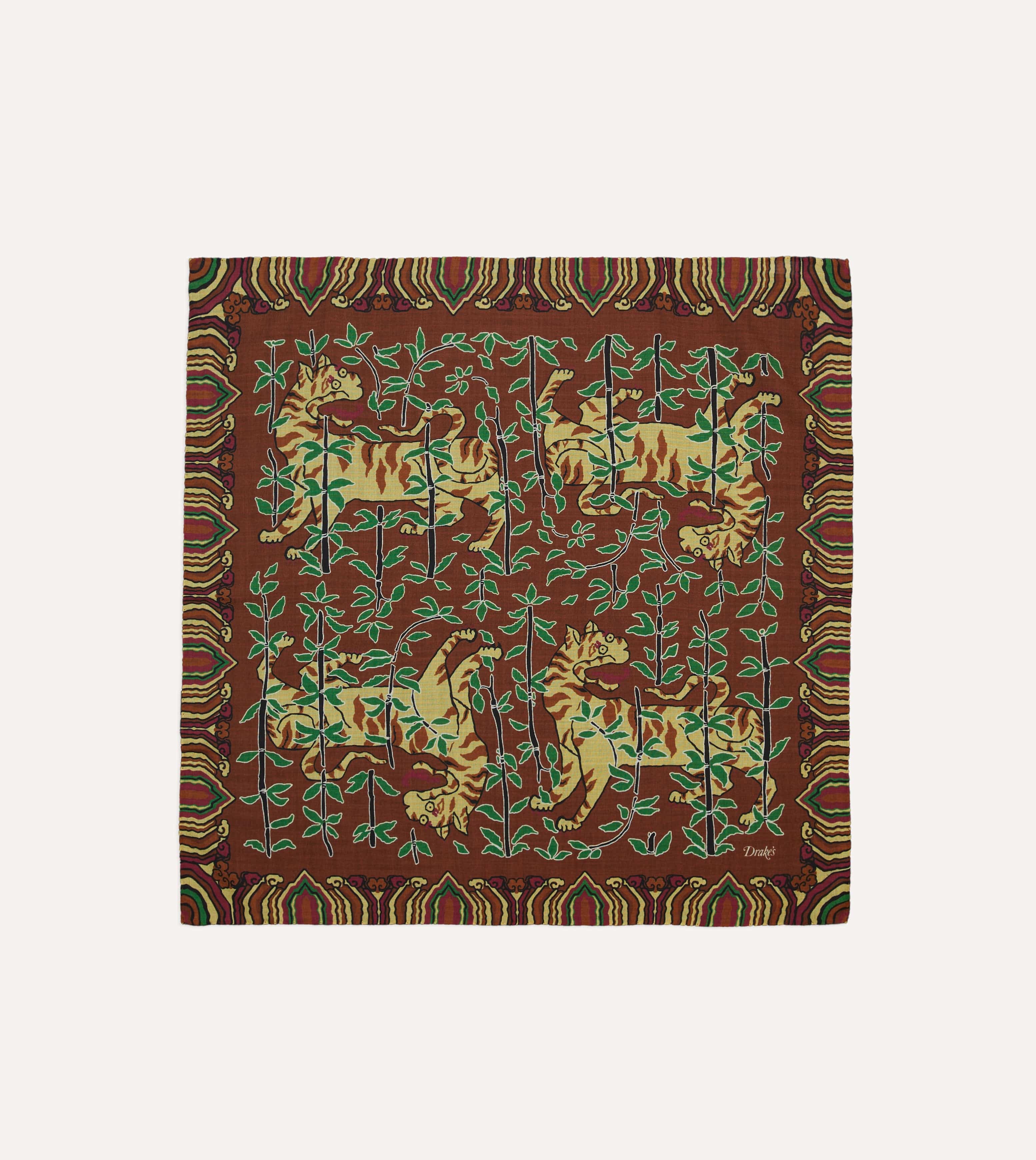 Brown Tigers Print Wool-Silk Bandana
