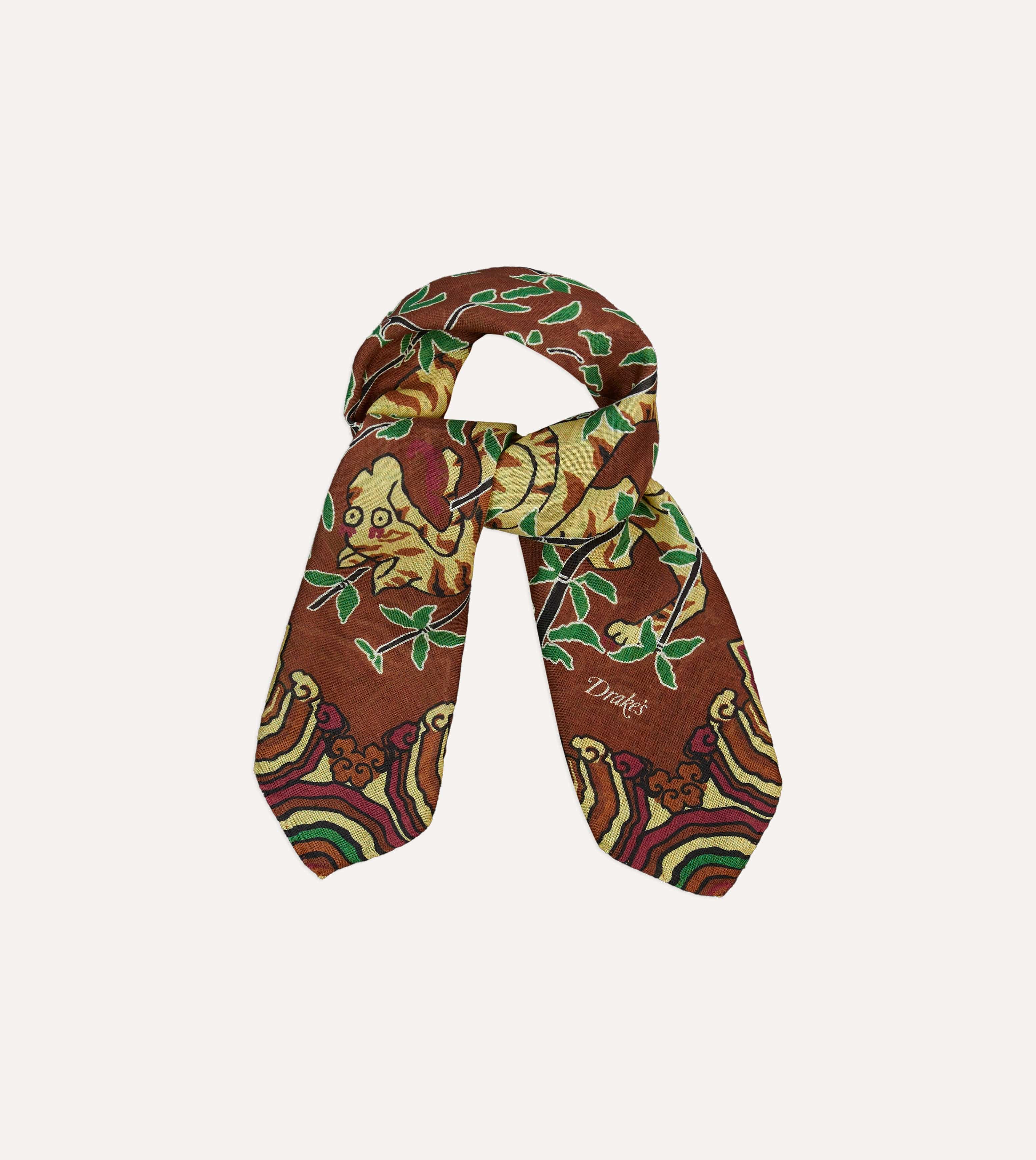 Brown Tigers Print Wool-Silk Bandana
