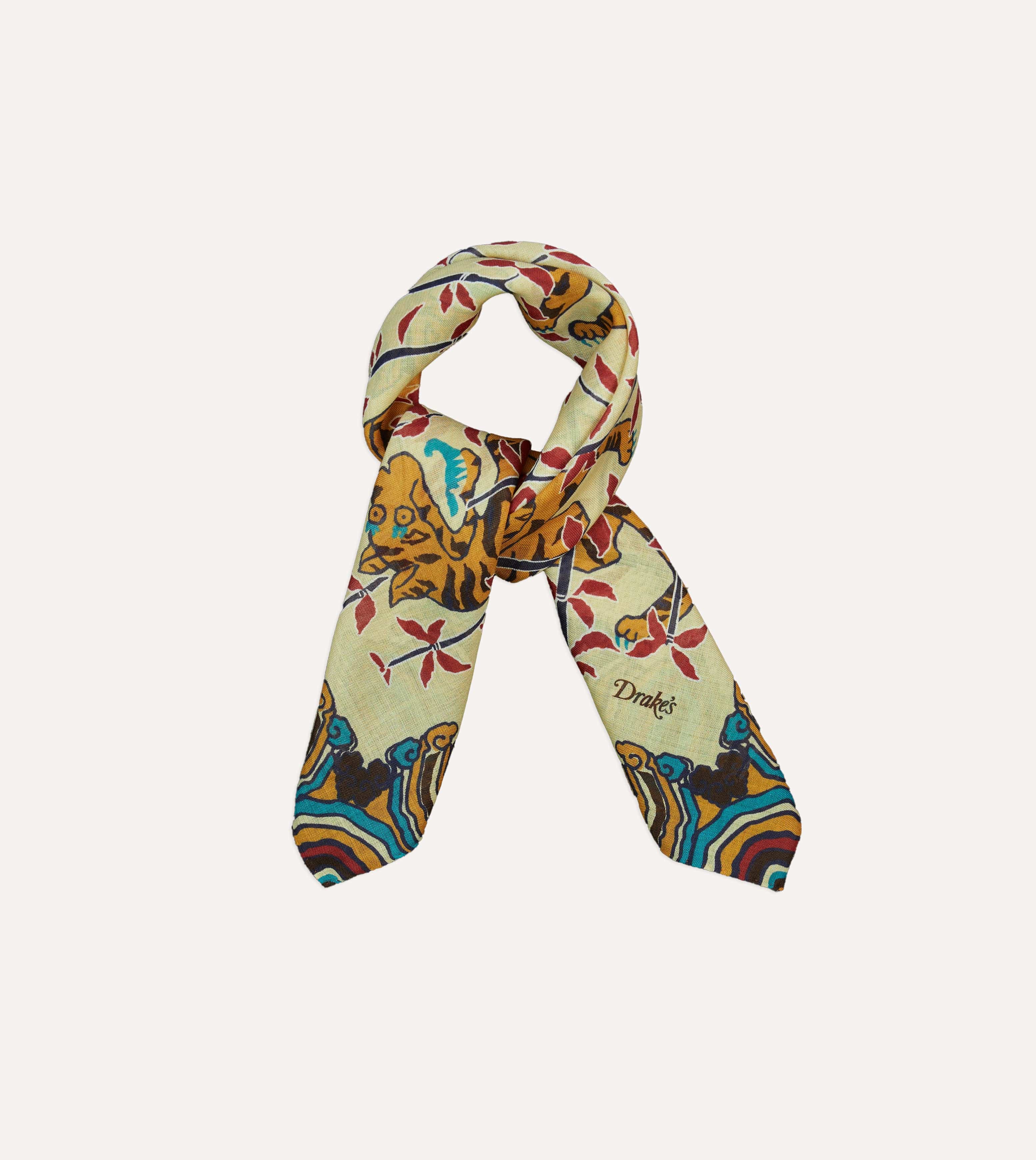 Ecru Tigers Print Wool-Silk Bandana