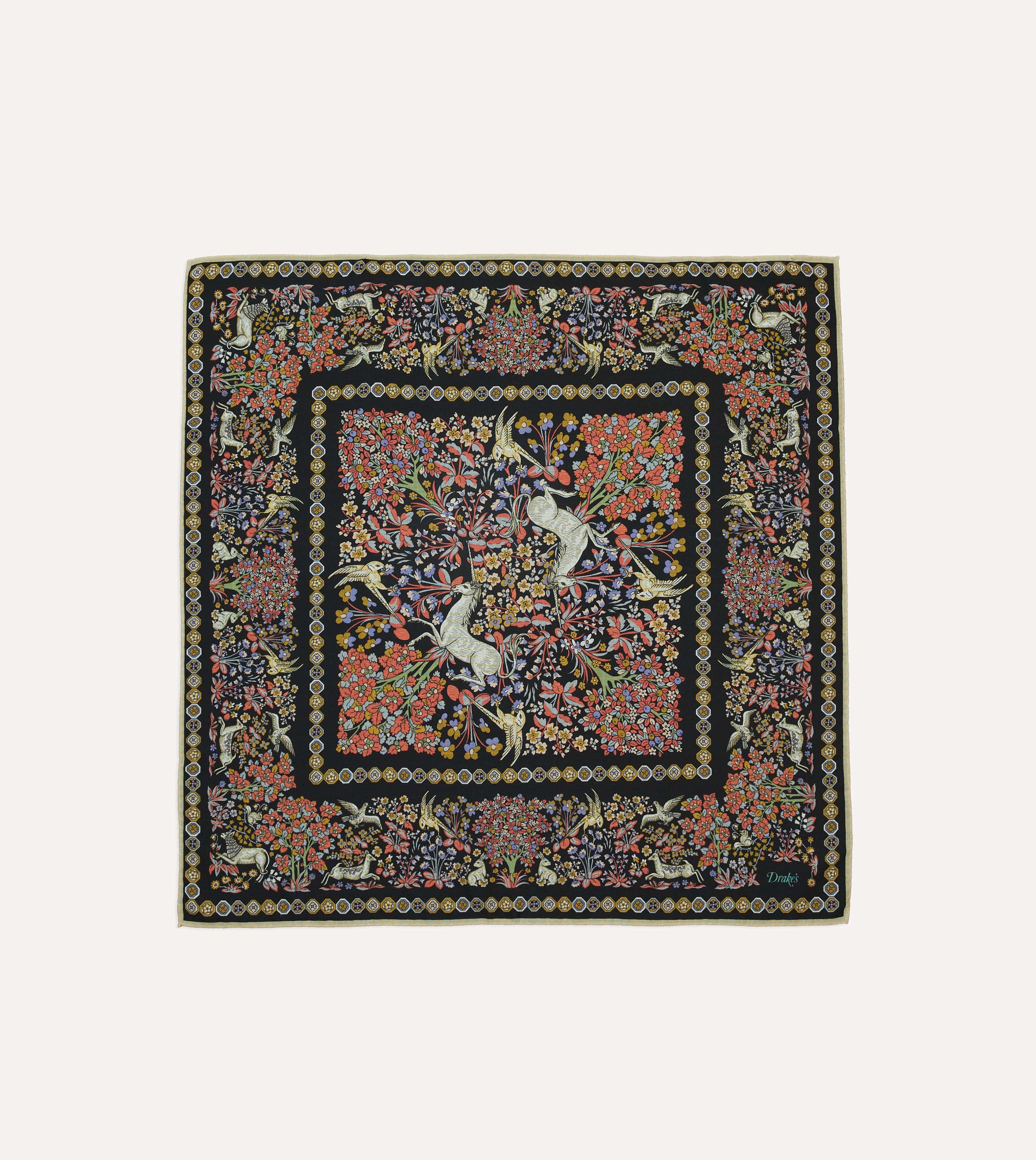 Black Mythical Forest Print Wool-Silk Bandana