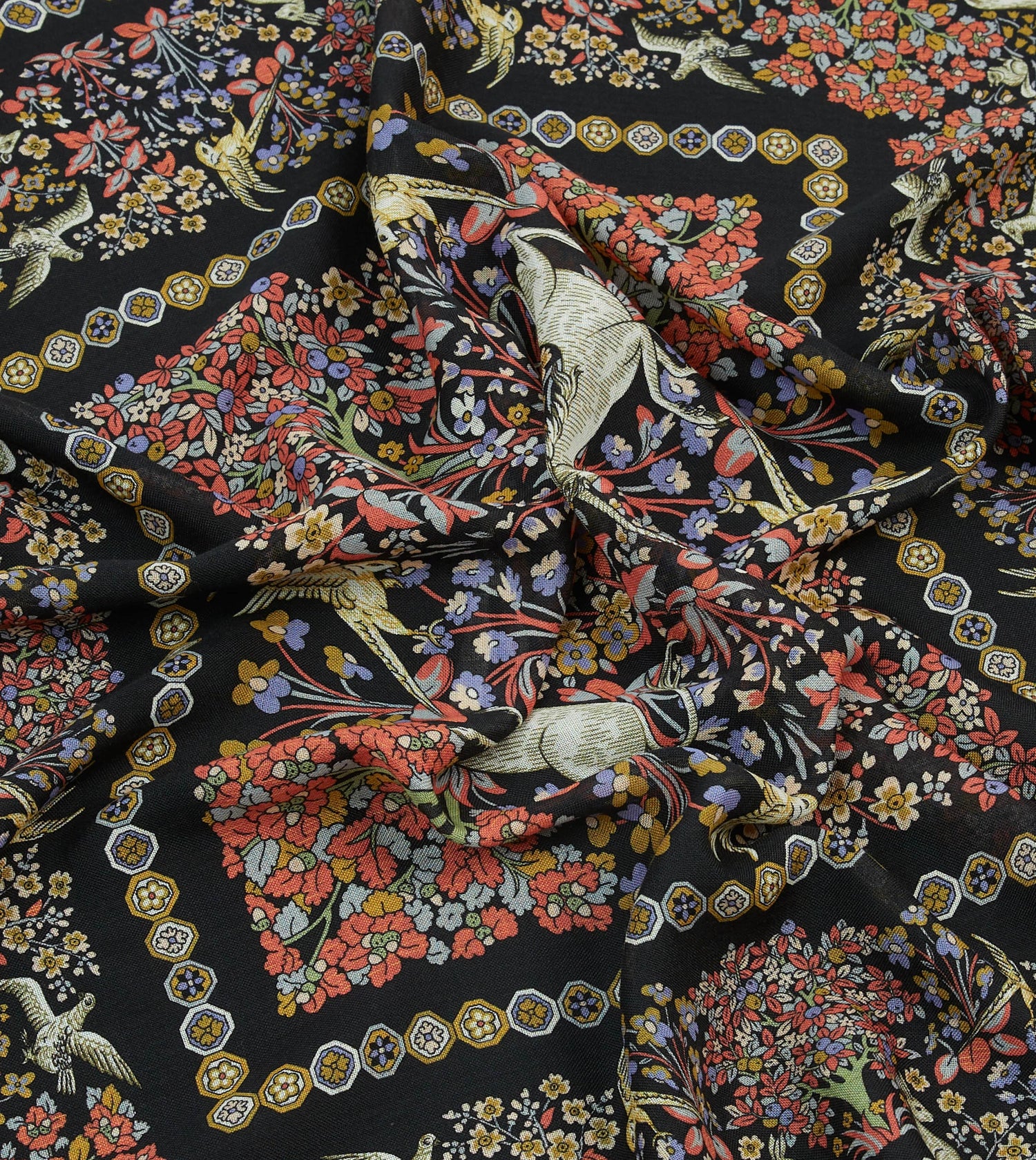 Black Mythical Forest Print Wool-Silk Bandana