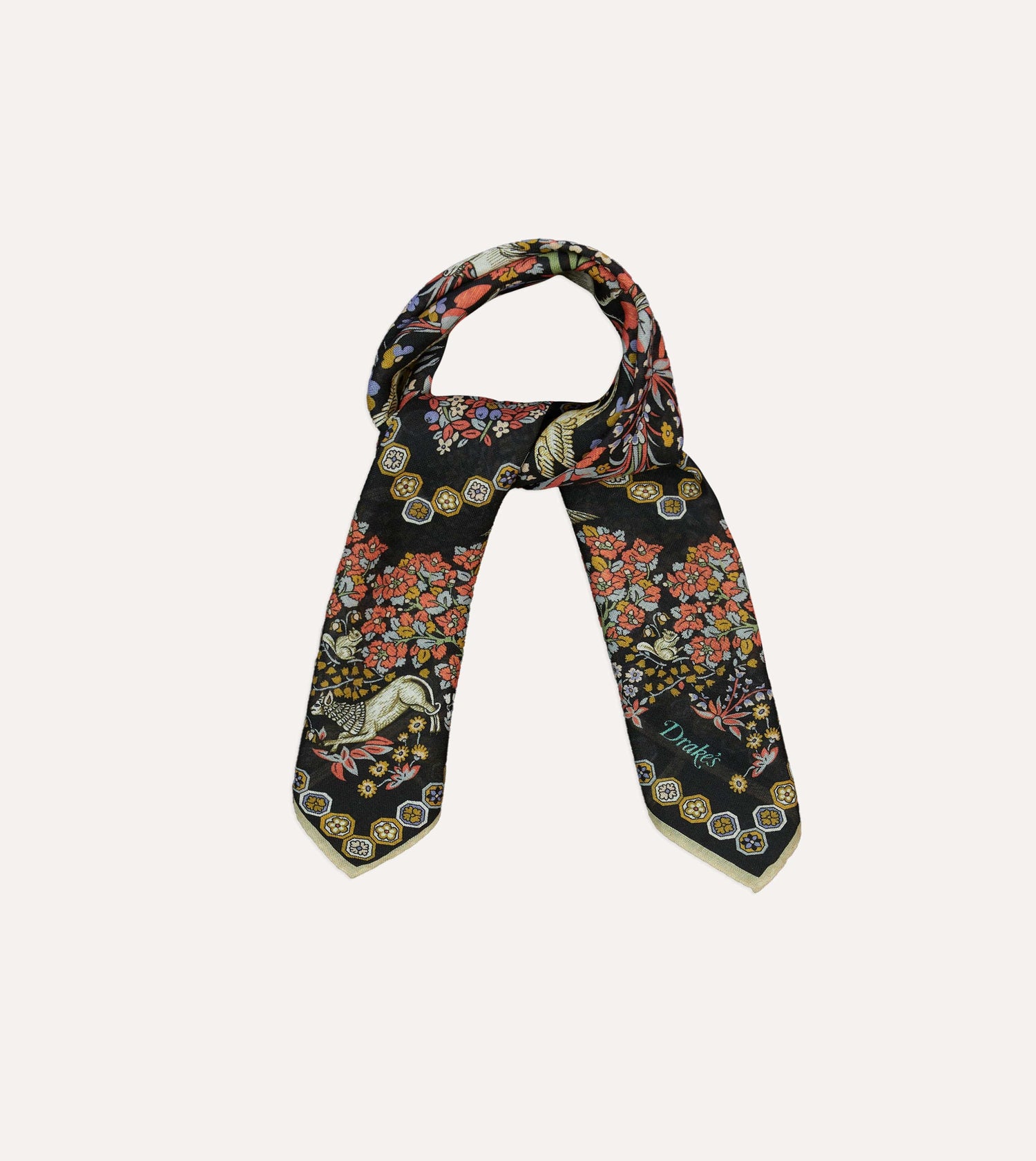 Black Mythical Forest Print Wool-Silk Bandana