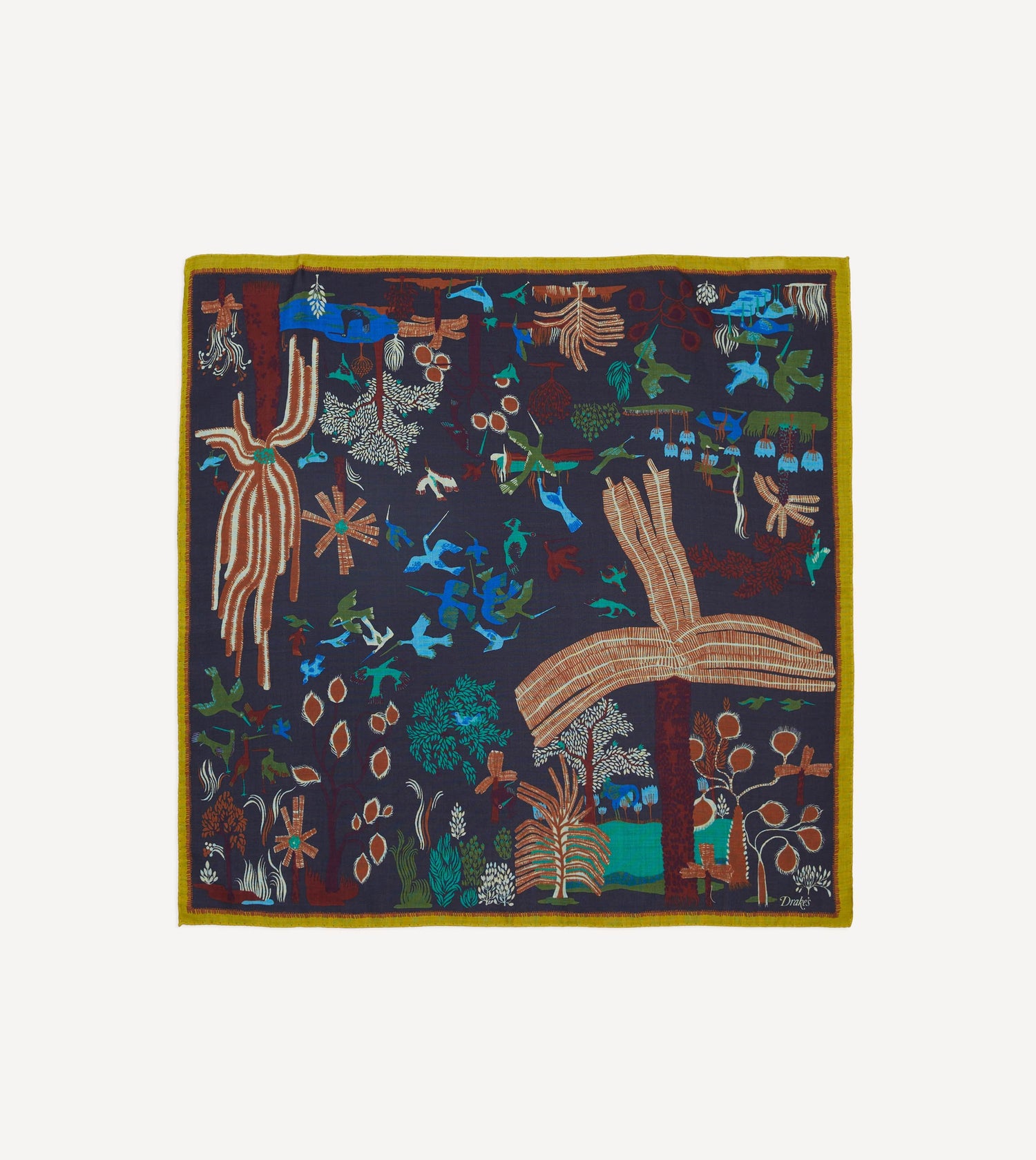 Navy Palm Print Wool-Silk Bandana