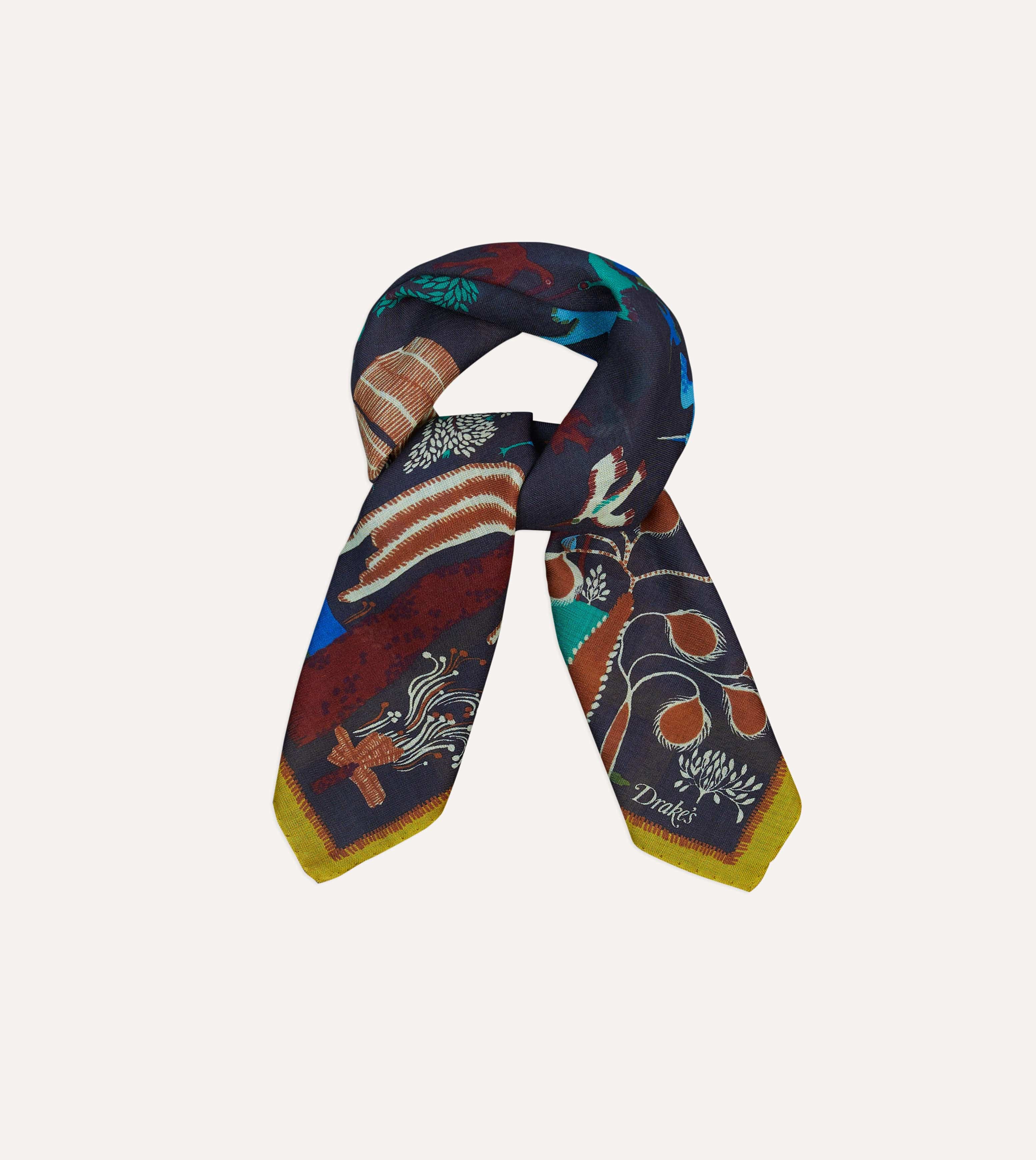 Navy Palm Print Wool-Silk Bandana