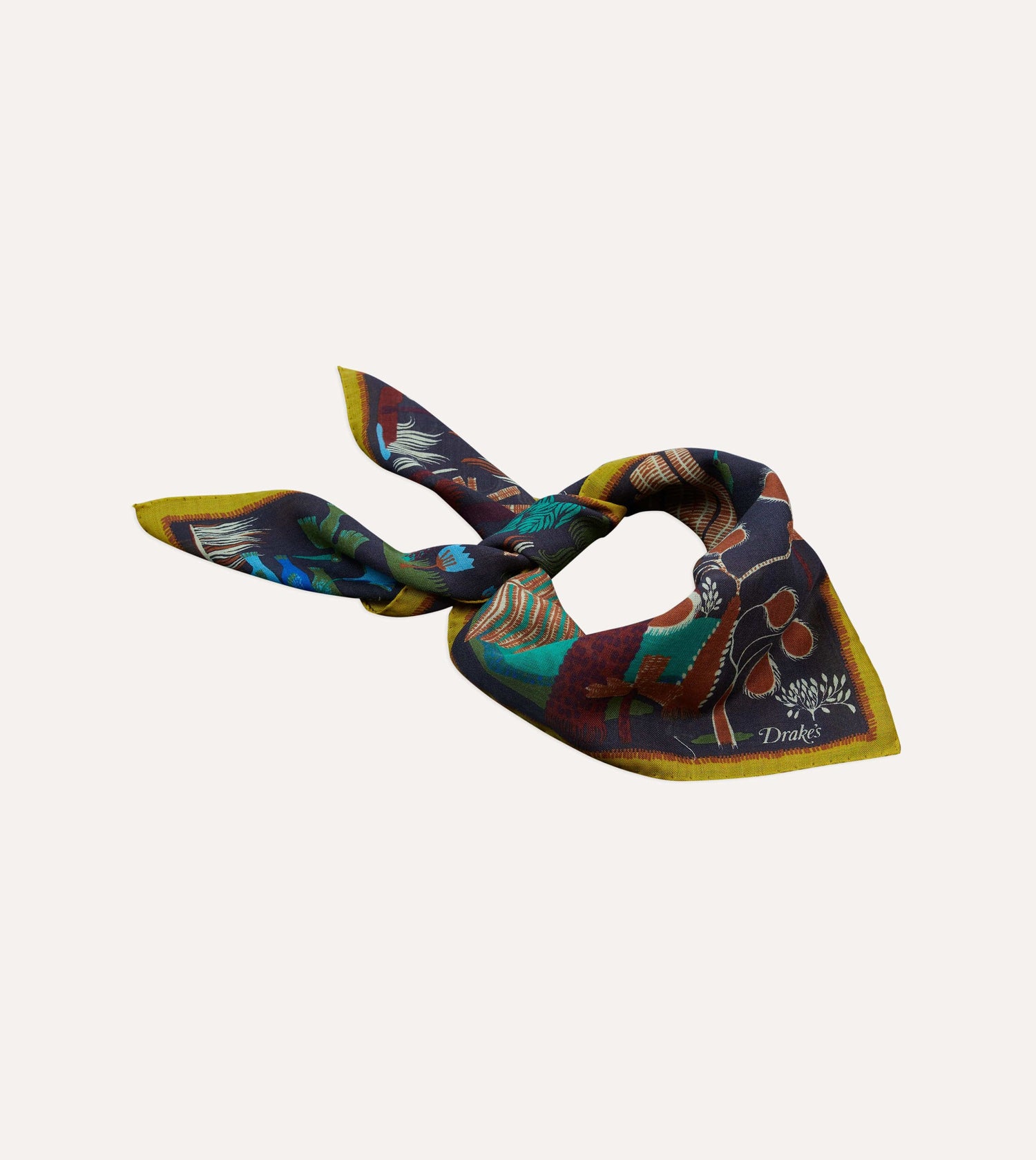 Navy Palm Print Wool-Silk Bandana