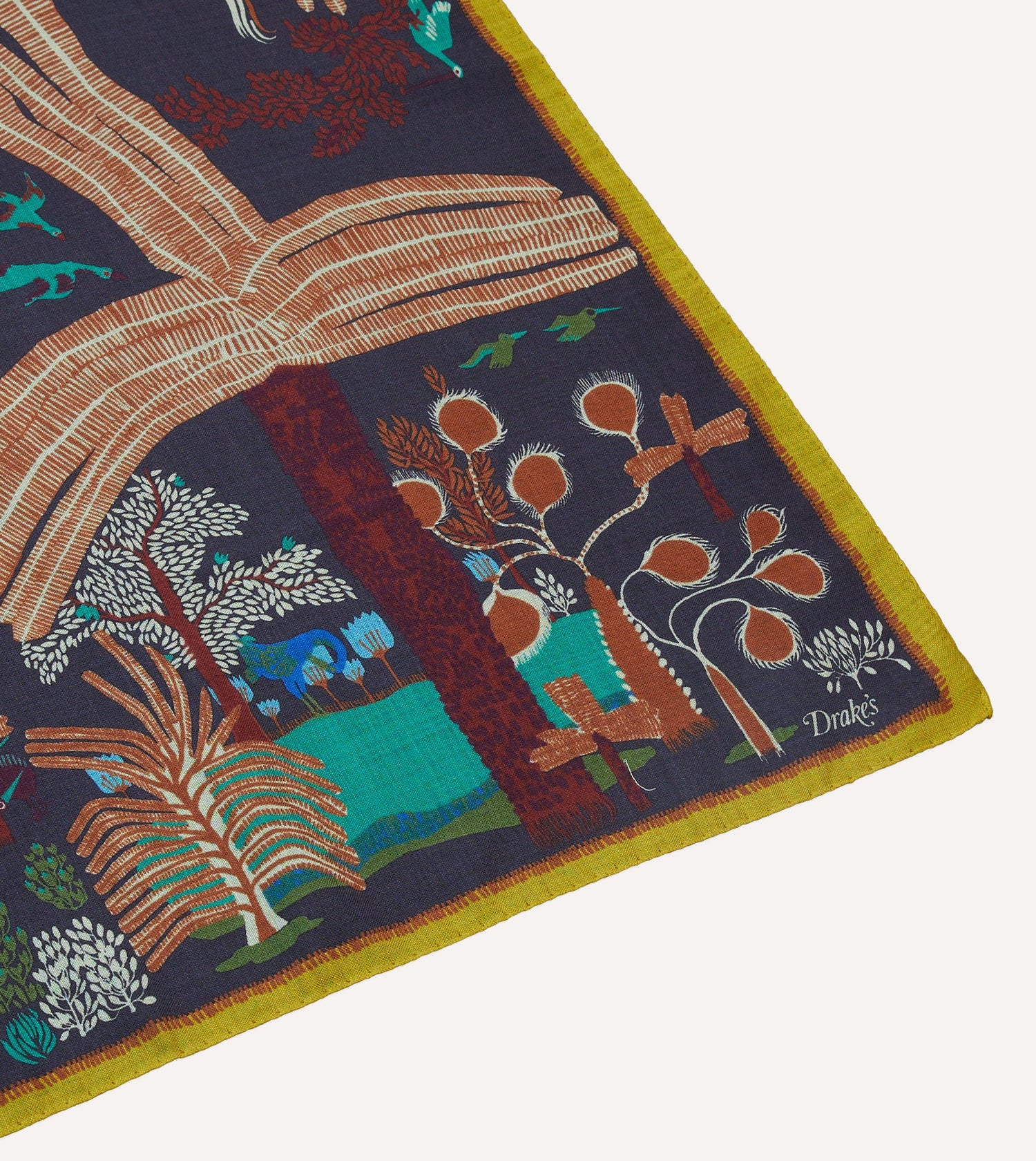 Navy Palm Print Wool-Silk Bandana