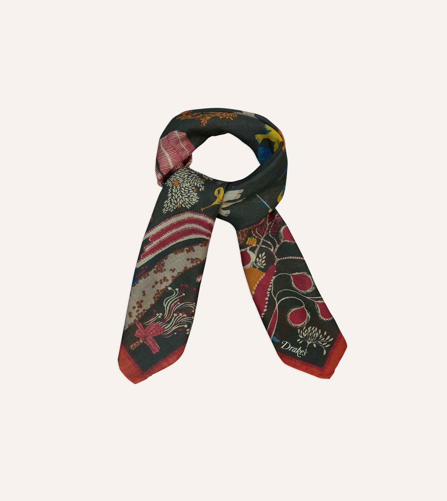 Green Palm Print Wool-Silk Bandana