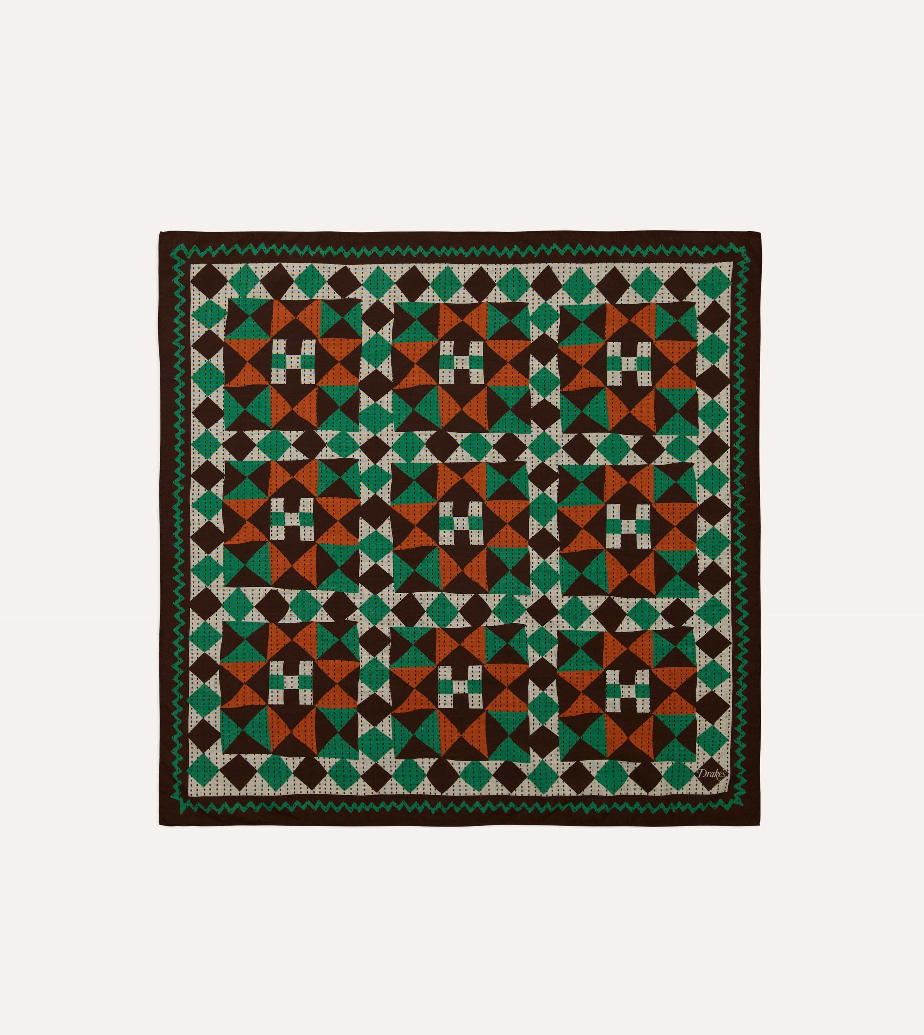 Brown Patchwork Print Wool-Silk Bandana