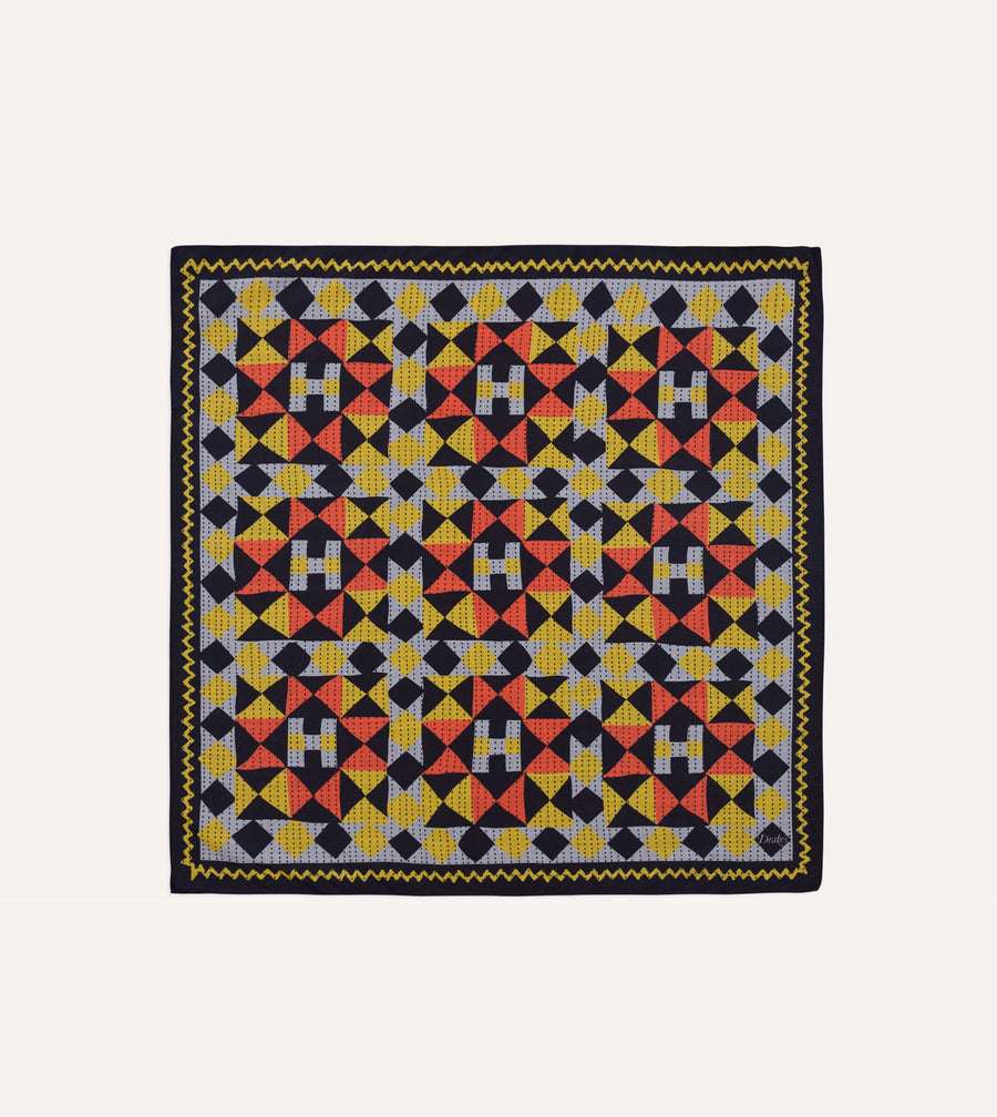 Navy Patchwork Print Wool-Silk Bandana
