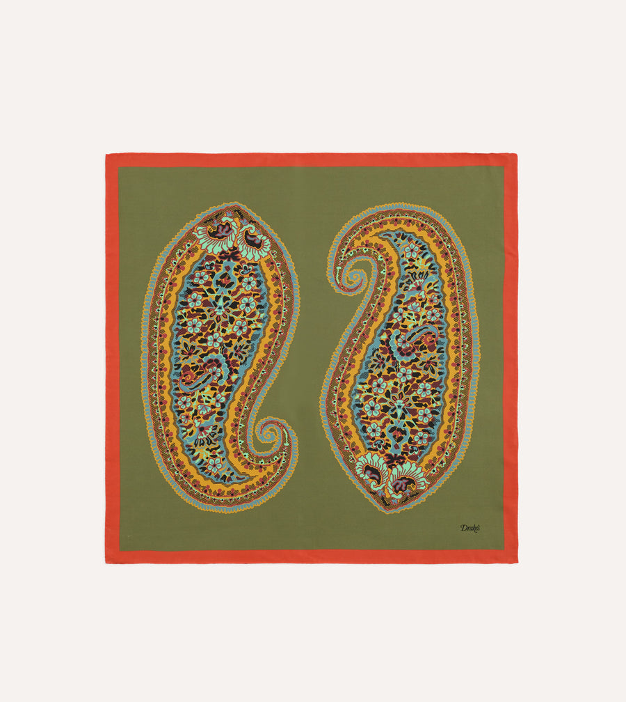 Olive Jumbo Paisley Print Silk Bandana