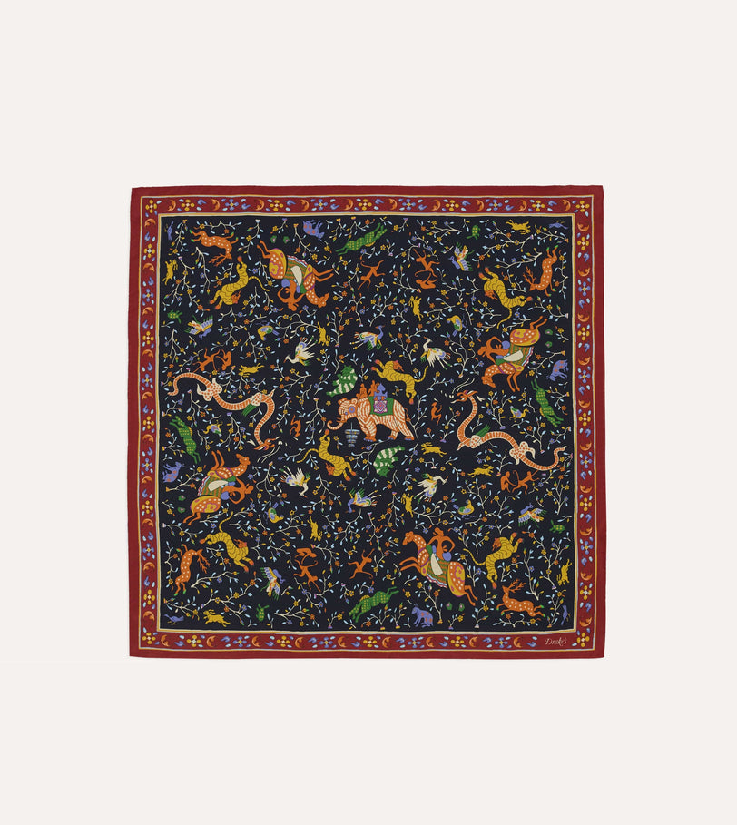Navy Animals and Flowers Print Silk Bandana