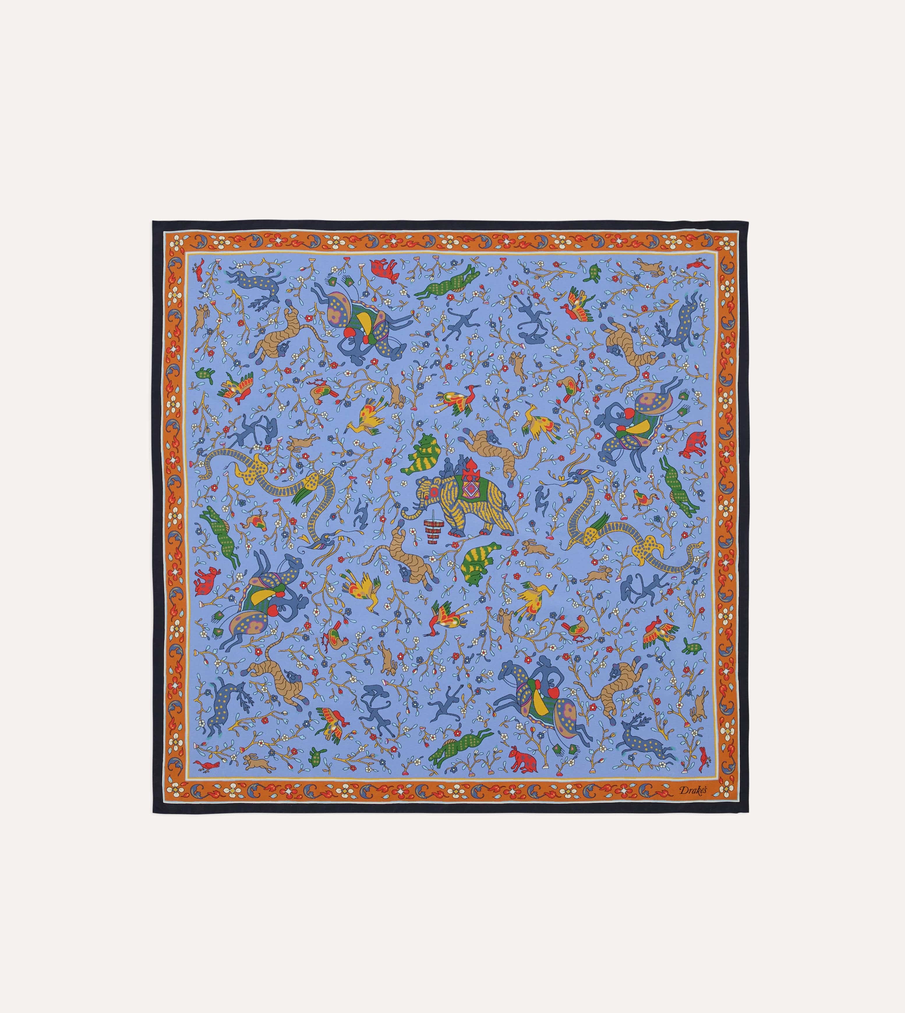 Blue Animals and Flowers Print Silk Bandana