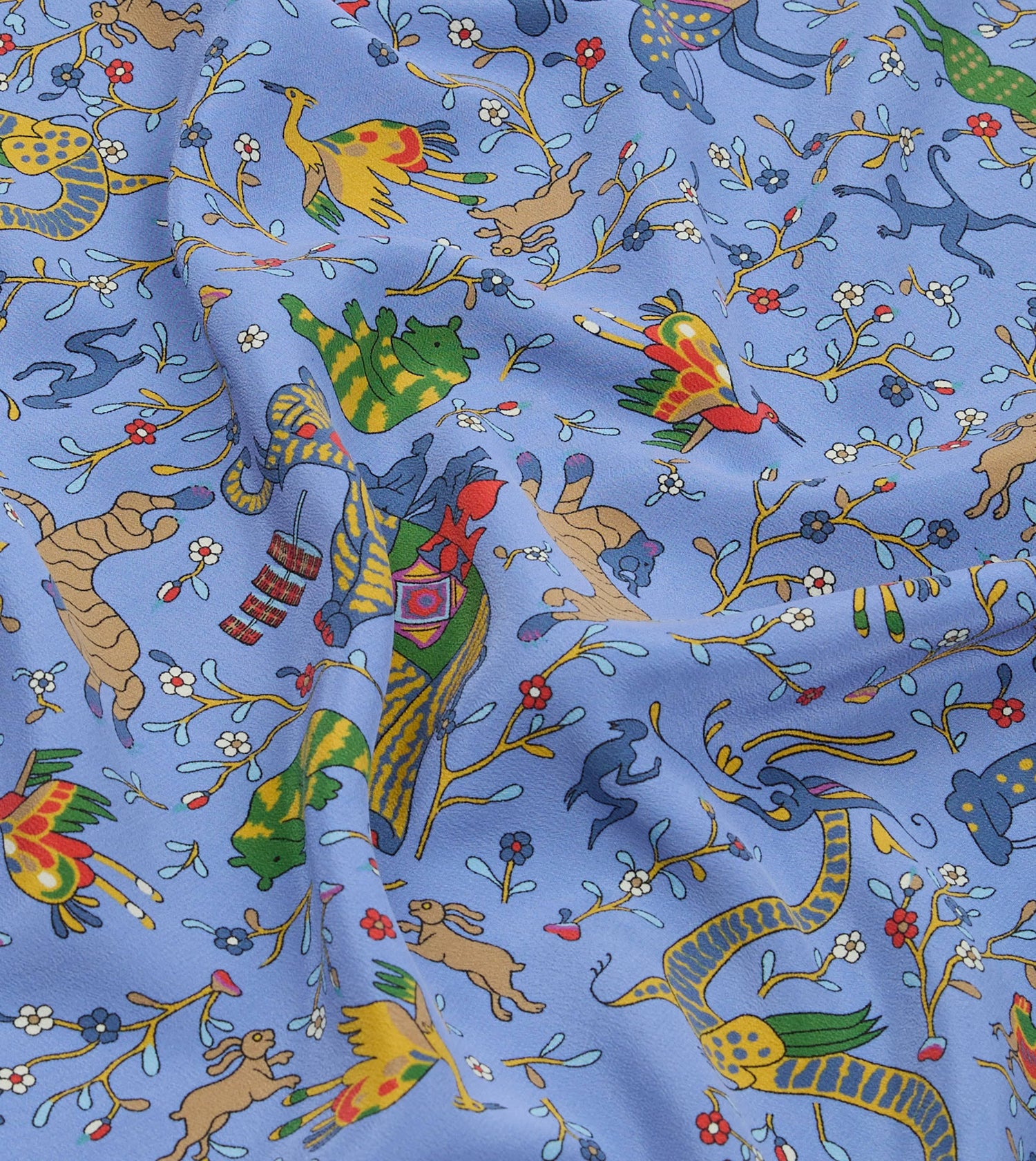 Blue Animals and Flowers Print Silk Bandana