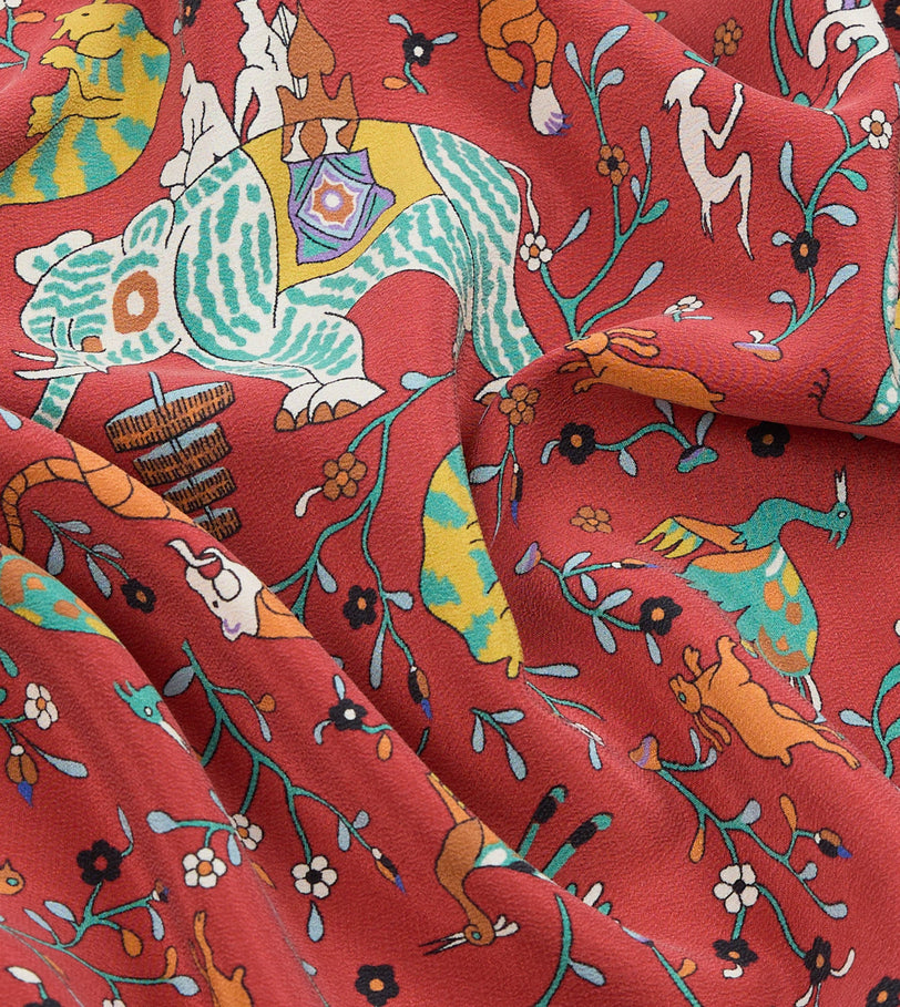 Red Animals and Flowers Print Silk Bandana