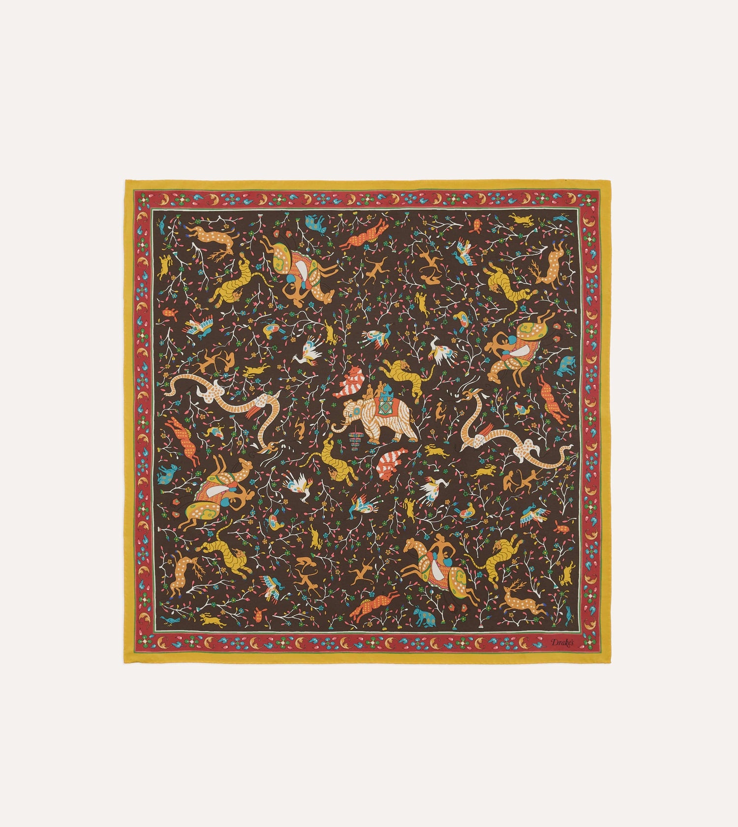 Brown Animals and Flowers Print Silk Bandana
