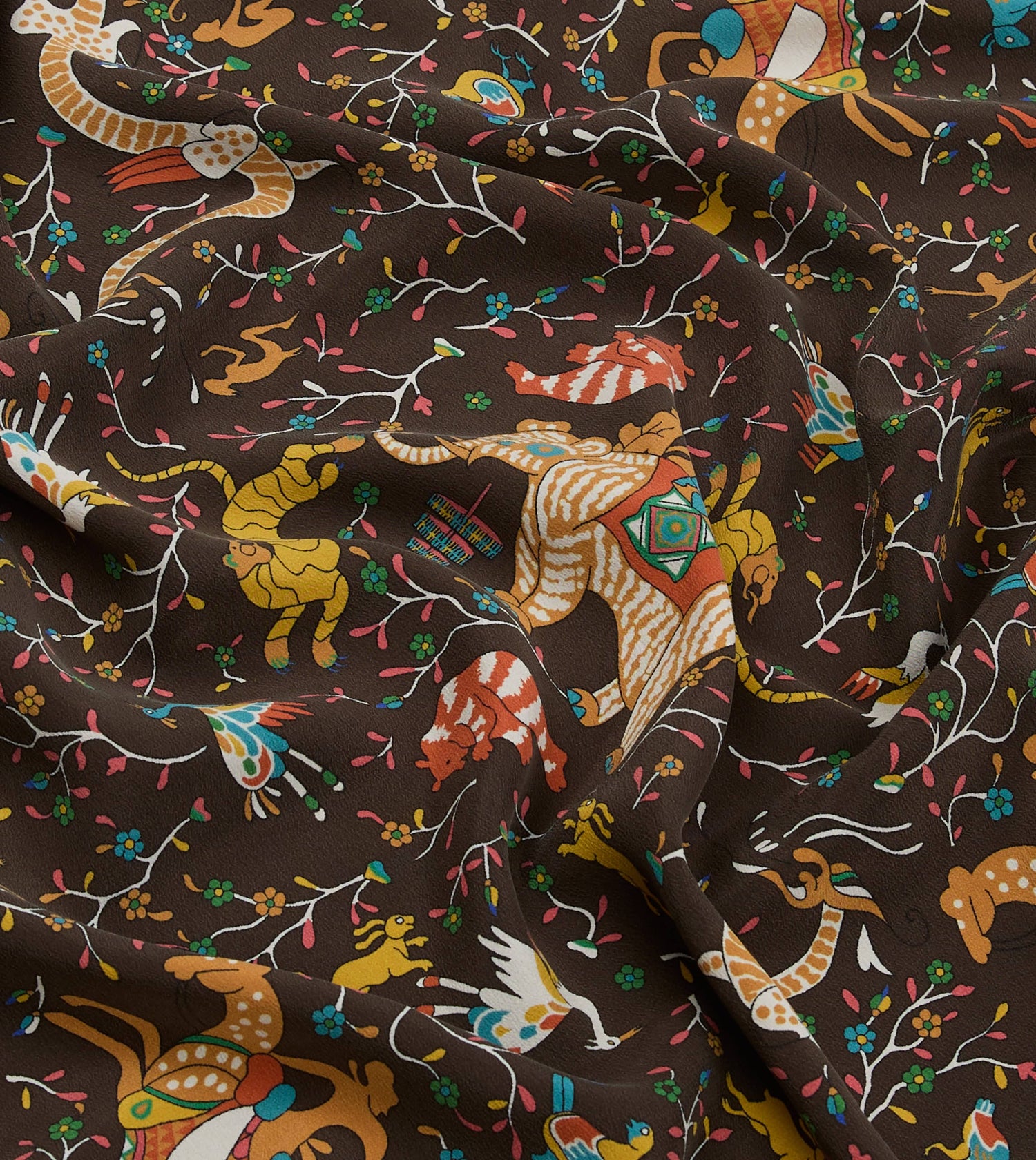 Brown Animals and Flowers Print Silk Bandana